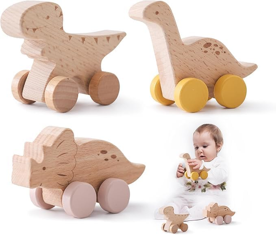 Wooden Dinosaur Cars Montessori Toys for Babies Baby Push Car Toys Wooden Vehicles Development and Infant Grasping (3PCS) image number 1