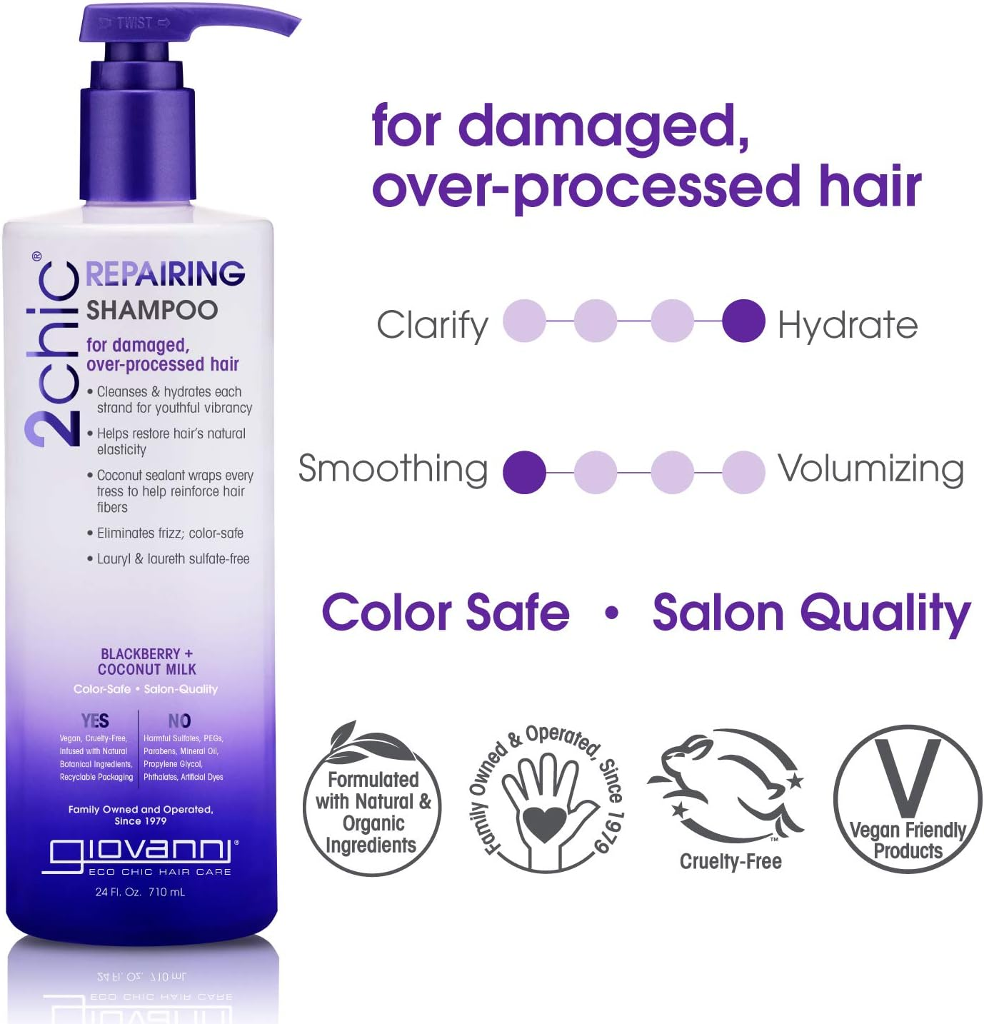 GIOVANNI 2Chic Ultra-Repairing Shampoo - for Damaged, Over-Processed Hair, Helps Restore Hair'S Natural Elasticity, Blackberry & Coconut Oil, Argan, Shea Butter, Color Safe - 24 Oz image number 5