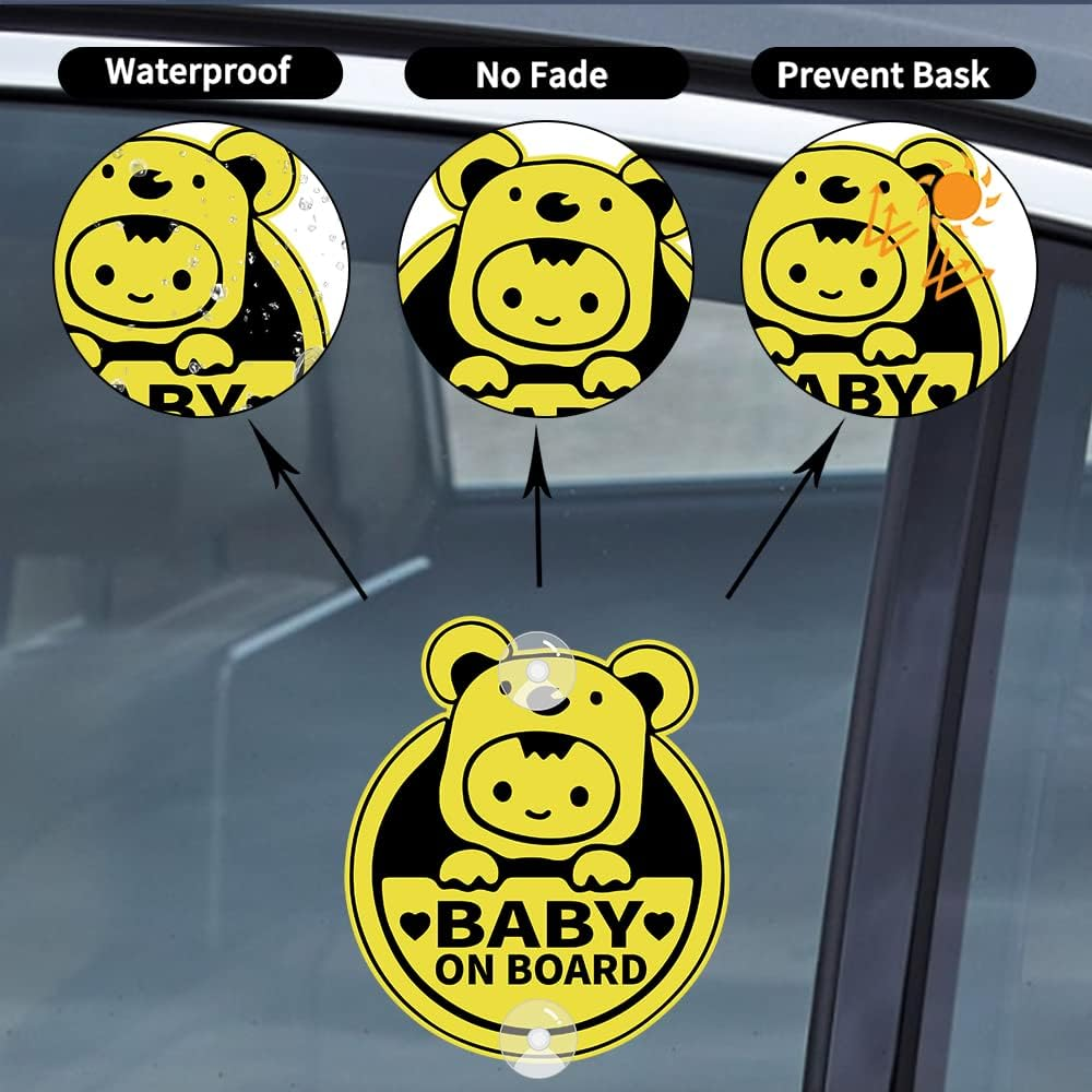 Assured Signs Baby on Board Sign with Suction Cups,Baby Safety Warning Decal for Cars- Bright Yellow, Durable and Strong Suction (Bear Baby on Board)