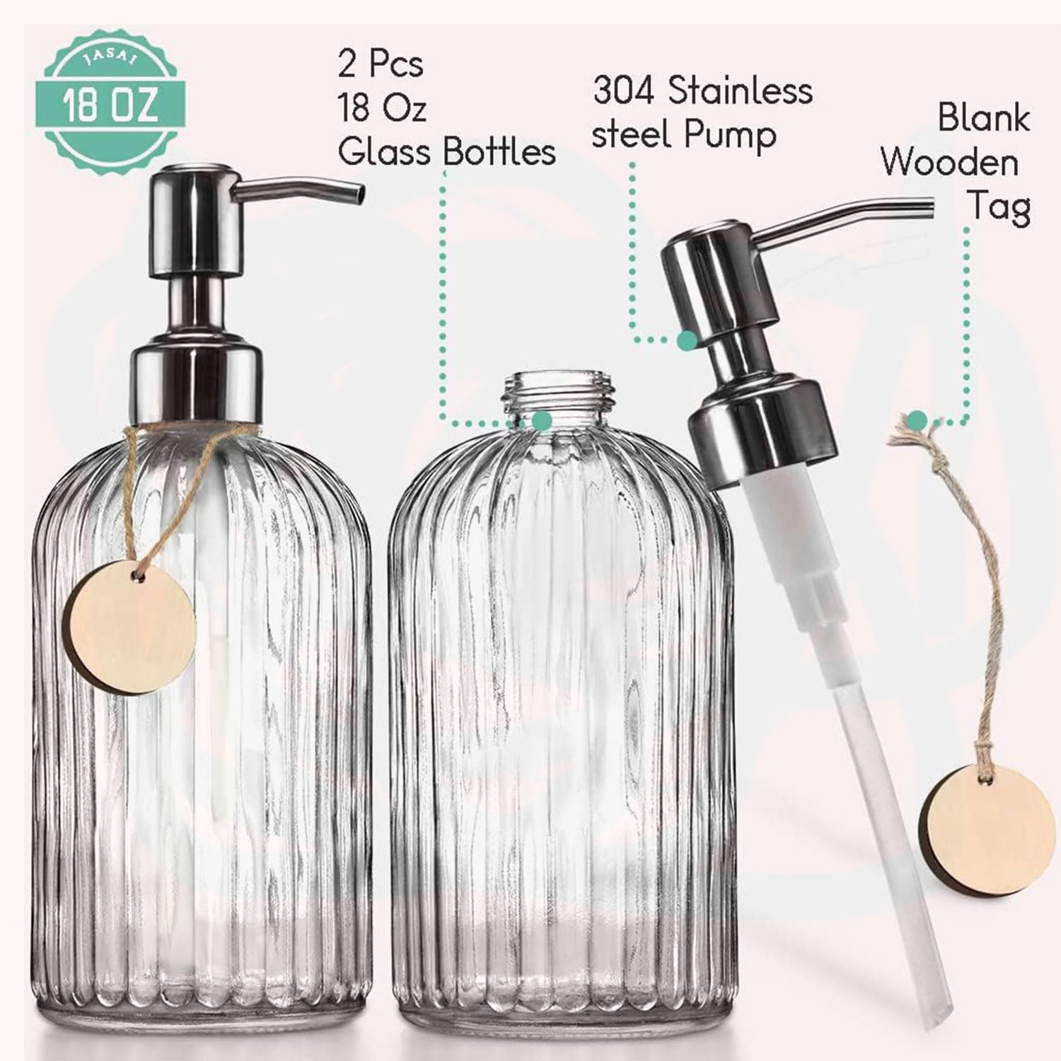 YIRANJIA 2-Pack 18 Oz Glass Soap Dispenser with Rust-Proof Stainless Steel Pump - Refillable Vertical Stripe Design for Kitchen & Bathroom
