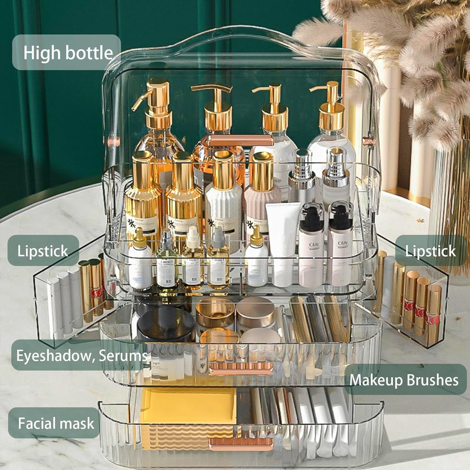 Makeup Organizer Bathroom Organizers and Storage, Clear Skincare Organizer with Lid and 2 Drawers, Cosmetic Organizer Countertop, Cosmetic Display Case for Vanity Bathroom Countertop.