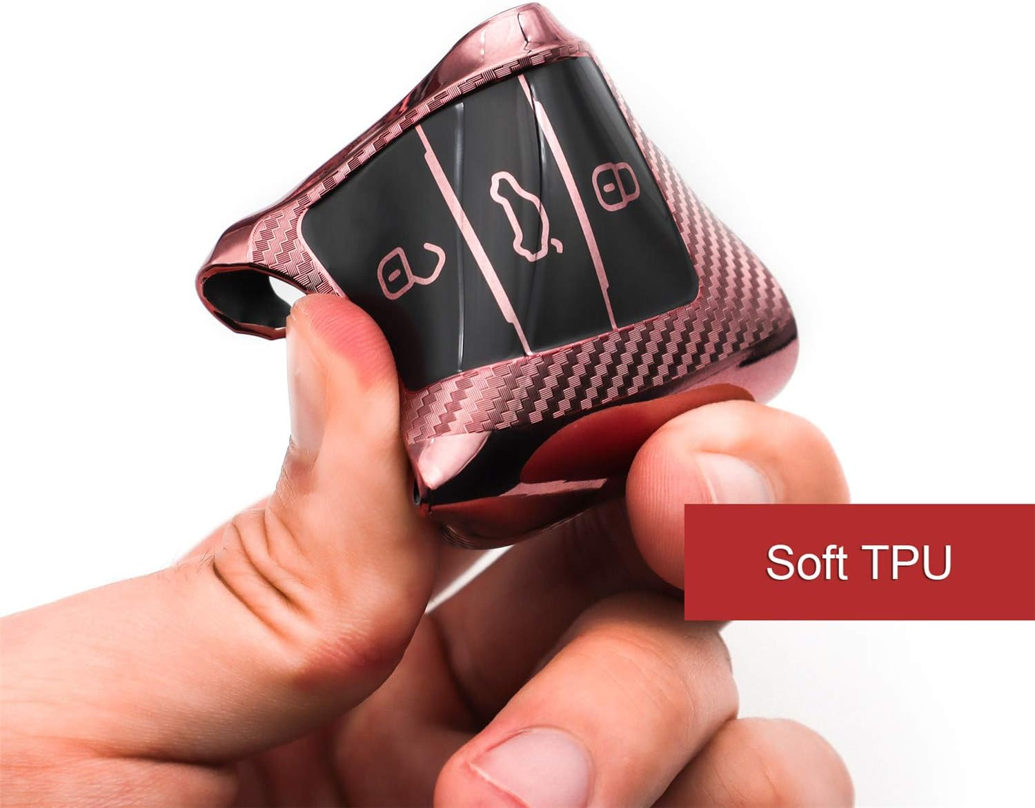 M.Jvisun Soft Carbon Fiber Finish Car Key Fob Cover for Volkswagen Atlas Golf Jetta Polo for Tiguan for Skoda Kodiaq Karoq for Audi A1 for Seat Ateca Leon Flip Key TPU Case with Keychain - Pink image number 1