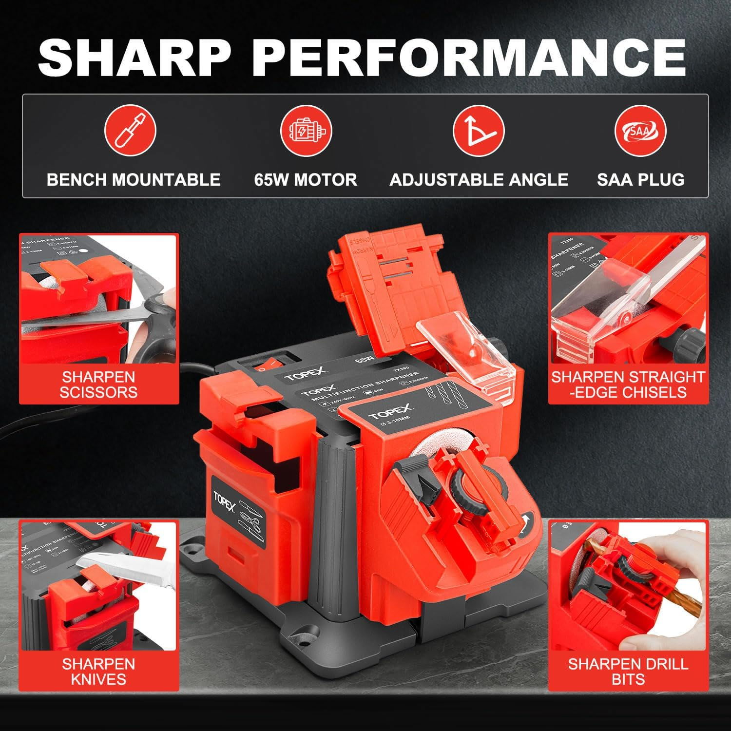 TOPEX 65W Electric Multifunction Sharpener SAA Drill Bit Knives Scissors Chisel Universal Electric Powered Multitask Sharpening Machine Diamond Grinding Wheel for Grinding, Sharpening image number 6