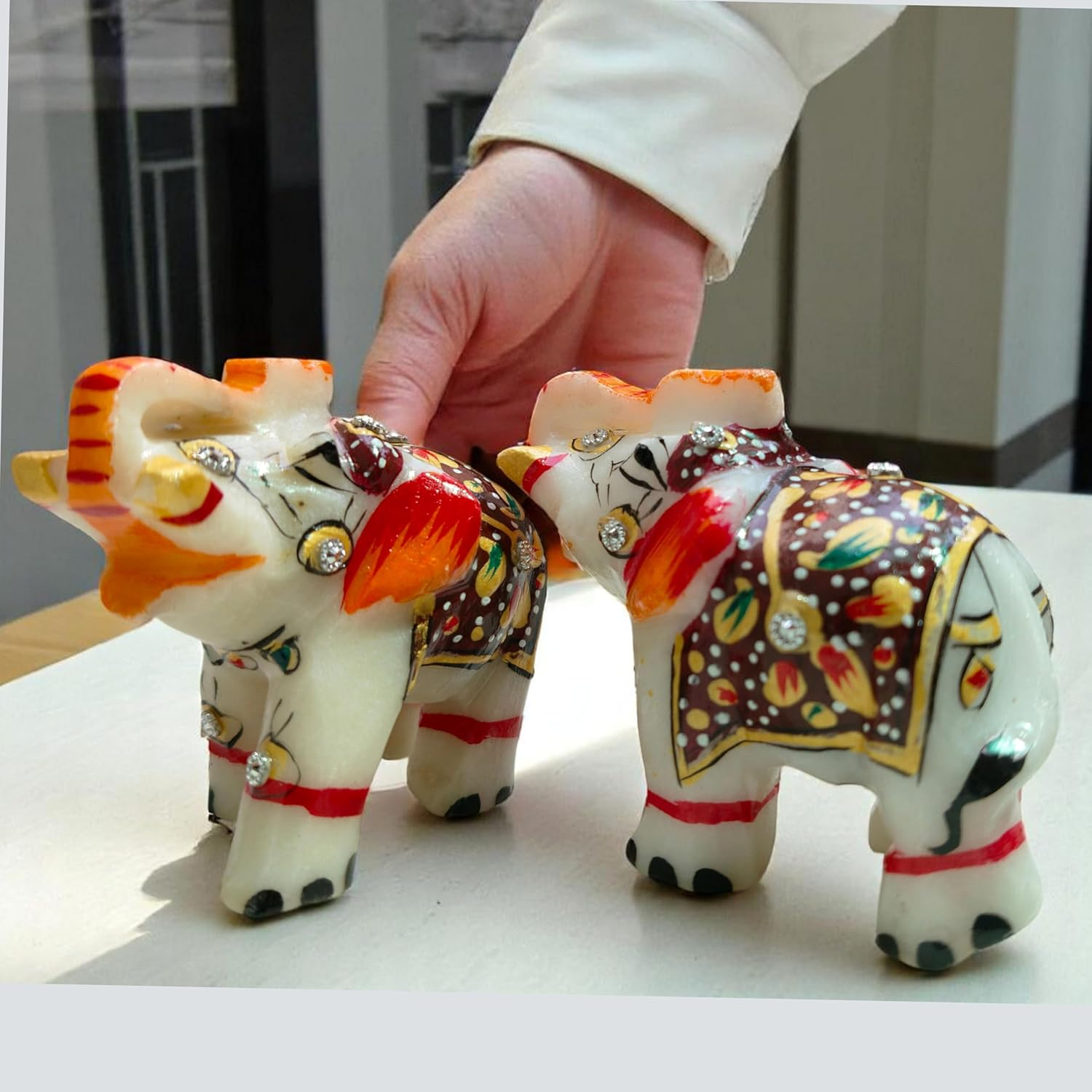 Natural White Marble Elephant Statue Pair 3X2.25 &ndash; Hand-Painted Multicolor Figurines &ndash; Gold Artwork Showpiece for Home, Living Room &ndash; Good Luck & Housewarming Gift D&eacute;cor Item image number 2