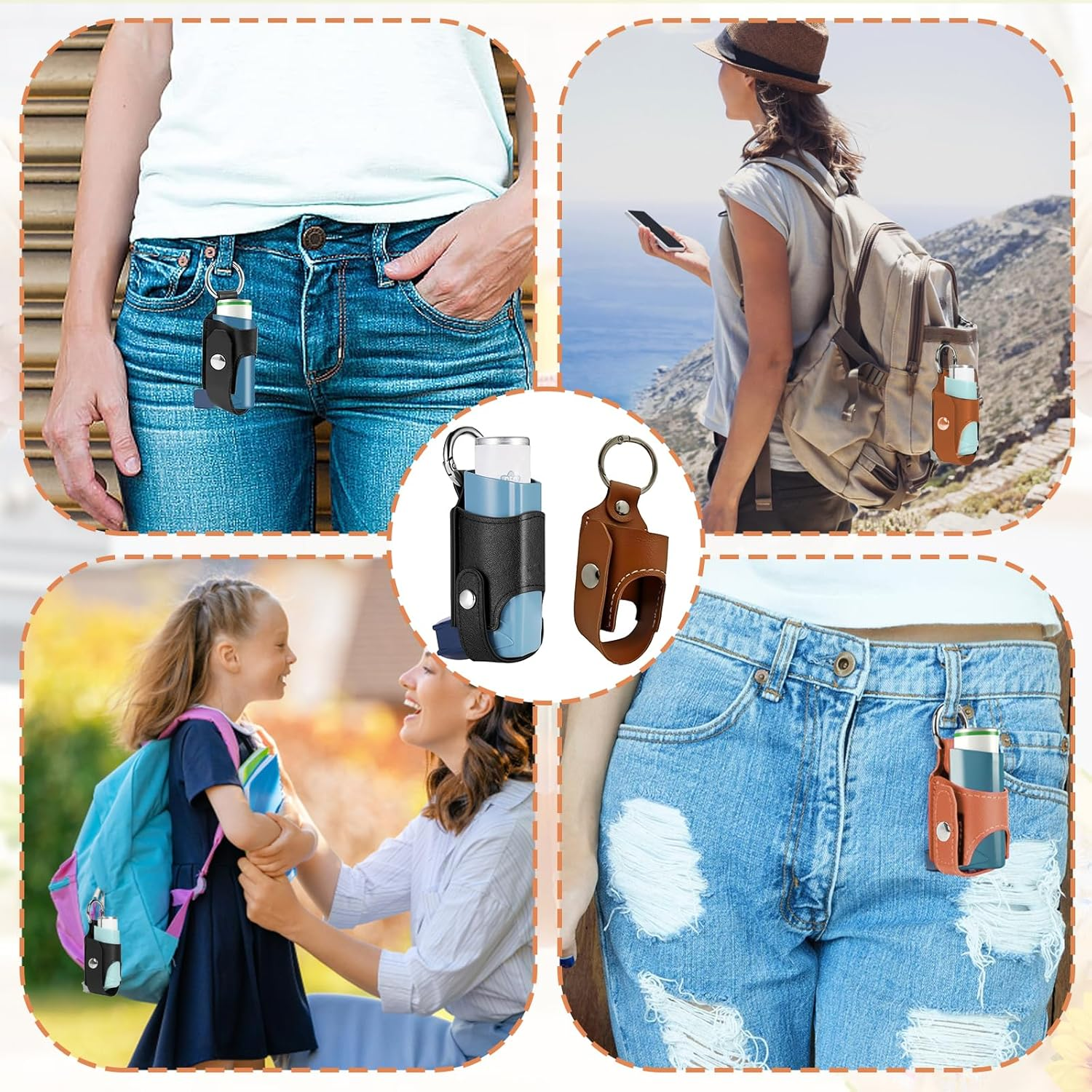 ZPLASK 2PCS Inhaler Case, Mini Keychain Inhaler Holder, Asthma Inhaler Case, Carrying Portable Inhaler Bag Leather Protective for Hiking Daily Use Outdoor and Travel (Black Bolwn) image number 5