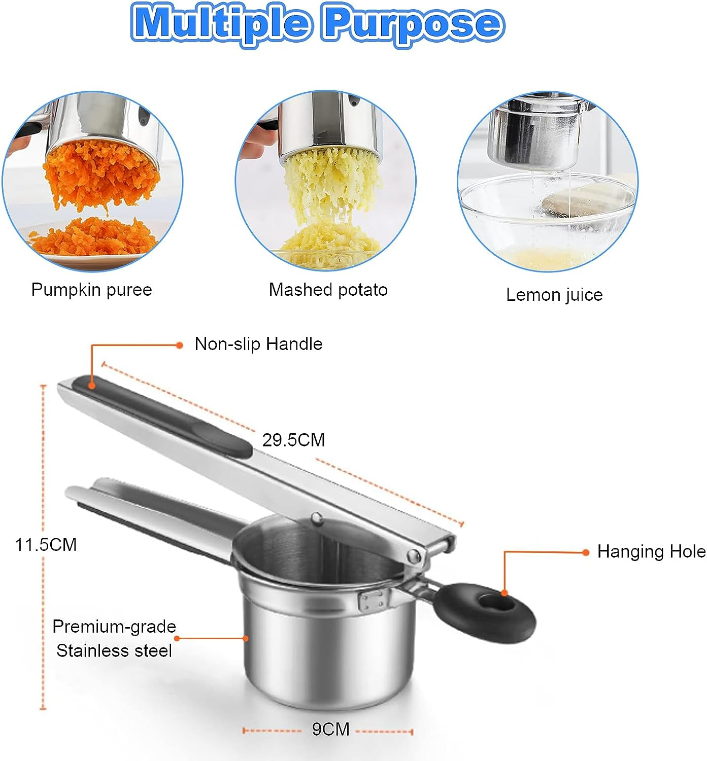 Potato Ricer with 3 Interchangeable Discs Large Mashed Potatoes Ricer Stainless Steel Kitchen Press and Mash Tool Heavy Duty Potato Masher Squeezer Kitchen Gadget Easy to Clean image number 6