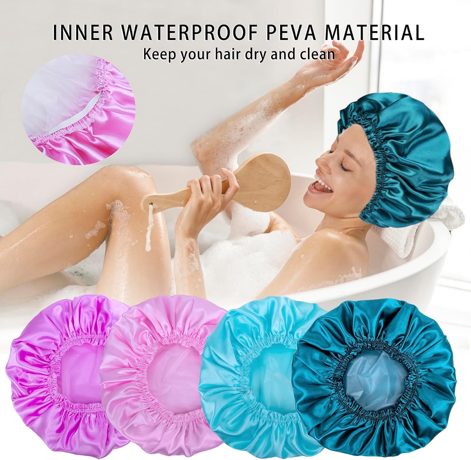 Shower Caps for Women, 4 PCS Elastic and Reusable Bath Caps, Double Waterproof Layers Shower Cap, Bathing Shower Caps, Environmental Protection Hair Bath Hat - Solid Color - Floral image number 4