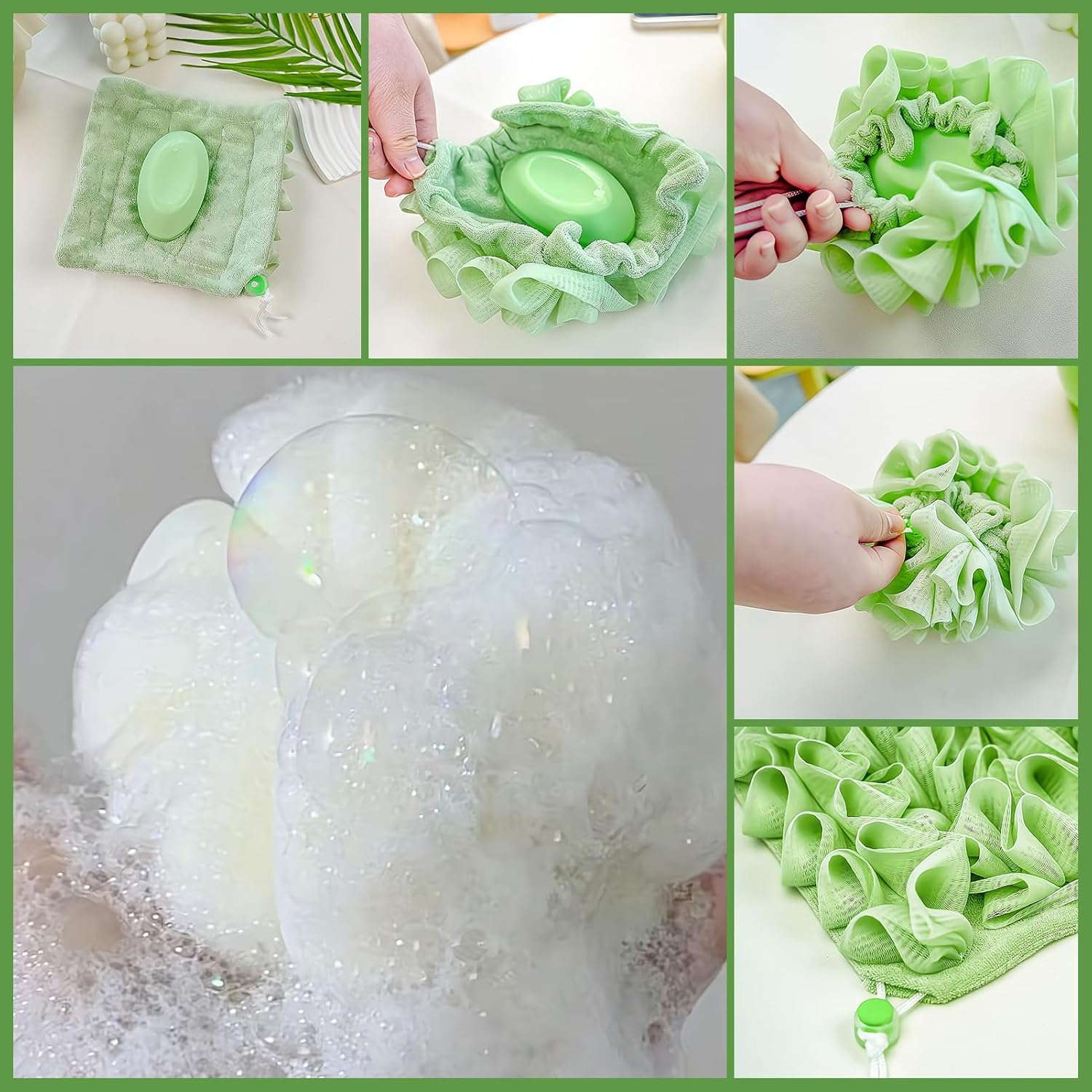2Pcs Loofah Cloth for Bar Soap,2-In-1 Shower Washcloth Loofah Washcloth Pink and Green, Bar Soap Pouch for Cleansing and Smooth Skin image number 4