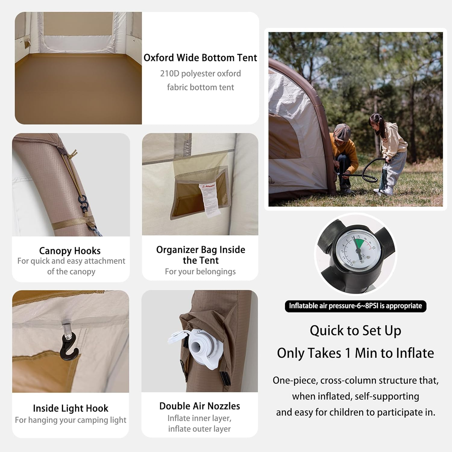 Naturehike Portable Air Inflatable Tent with Hand Pump,1 Min Setup,Upf50+,1.65M High Canopy Tent,With Two Large Awning Vestibules,Family,5-Sided Ventilation image number 4