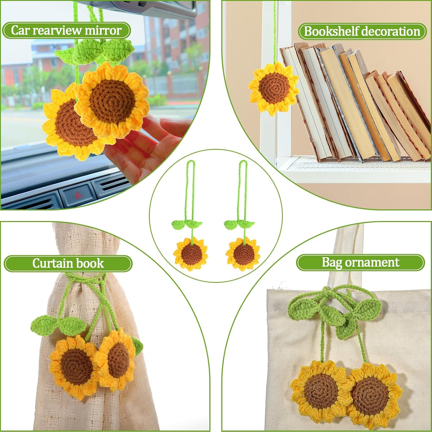 2PCS Sunflower Car Accessories, Handmade Sunflower Car Rear View Mirror Hanging Accessories Cute Crochet Cars Charm Ornaments for Interior Decorations Hanging(Yellow Green) image number 6