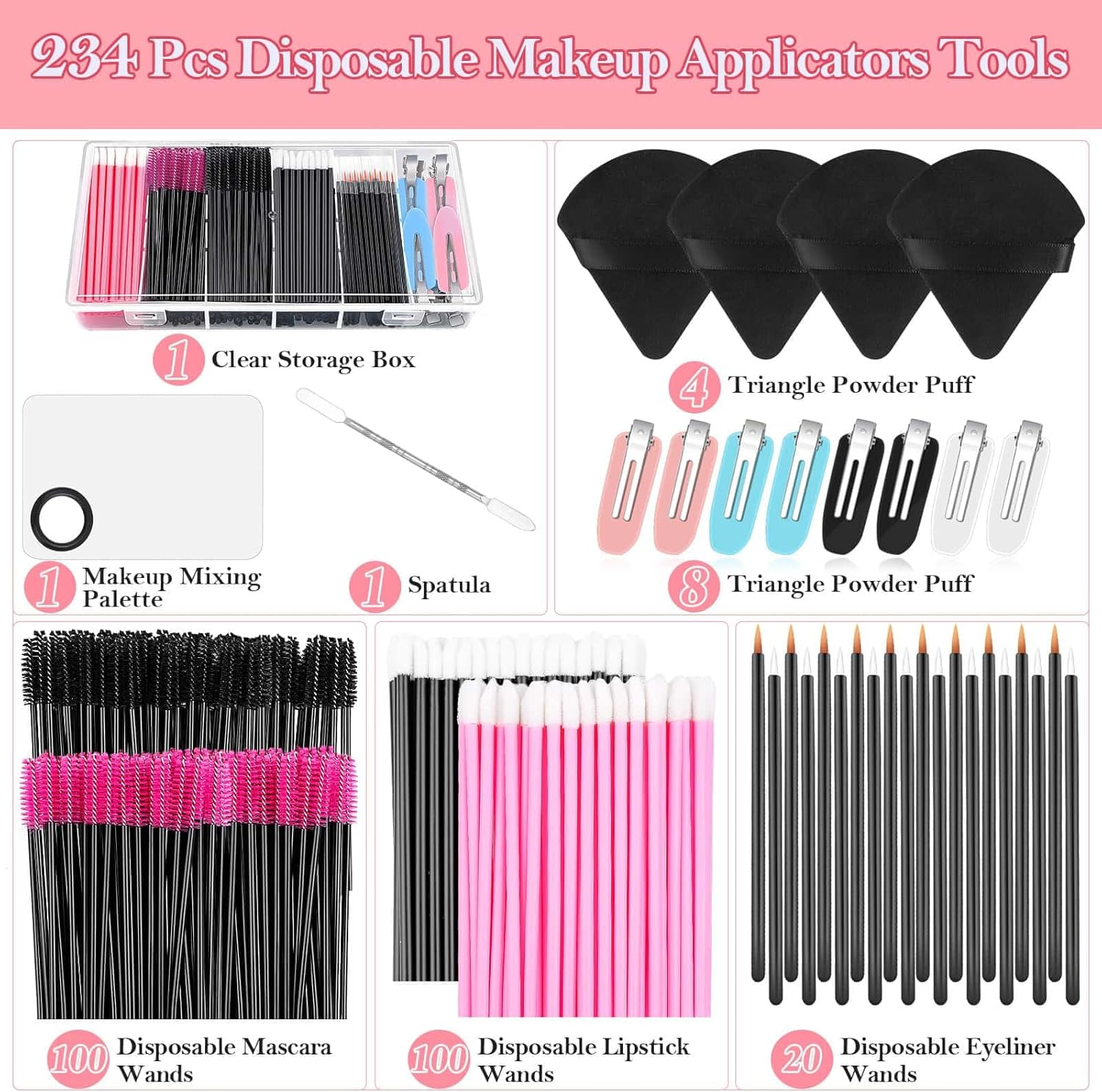 Disposable Makeup Applicators Kit with Triangle Puff Mixing Palette, Artist Supplies Disposable Mascara Wands, Lip Brushes, Hair Clips Powder Puffs for Face with Storage Box - White image number 4