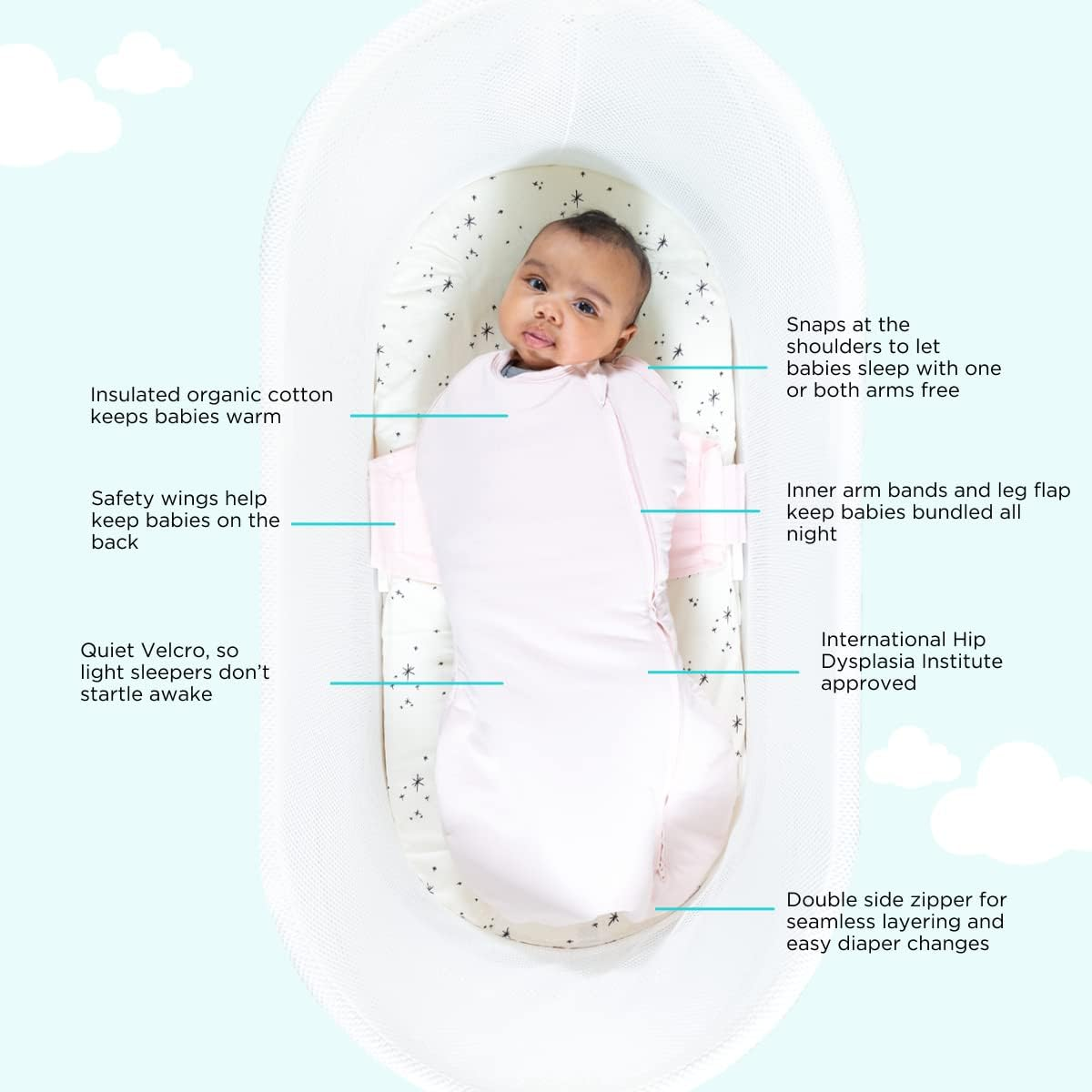Happiest Baby SNOO Comforter Sleep Sack - 100% Organic Cotton Baby Swaddle Blanket - Doctor Designed Promotes Healthy Hip Development (Ivory, Small) image number 2