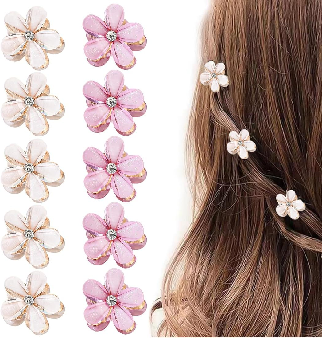 SIRLOMU 10 Pieces Mini Hair Accessories Flower, Cute Rhinestone Flower Hair Clips, Small Flower Hair Clips for Photoshoot, Daily Life, Party, Wedding(White) image number 5
