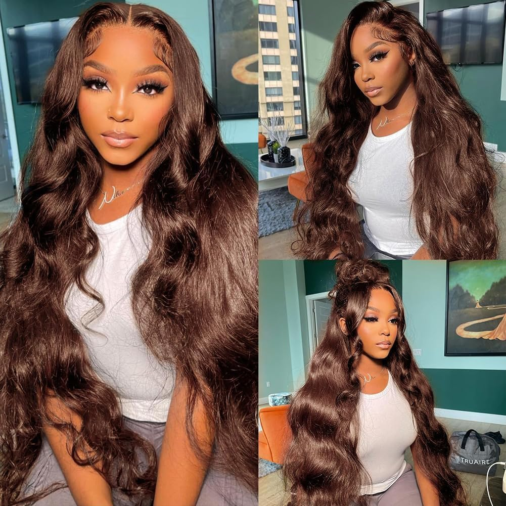 22 Inch Chocolate Brown Lace Front Wig Human Hair 180% Density 13 X 4 Body Wave Wigs HD Lace Front Wigs Human Hair Pre Plucked with Baby Hair Brown Wig Human Hair Coloured Frontal Wigs Human Hair