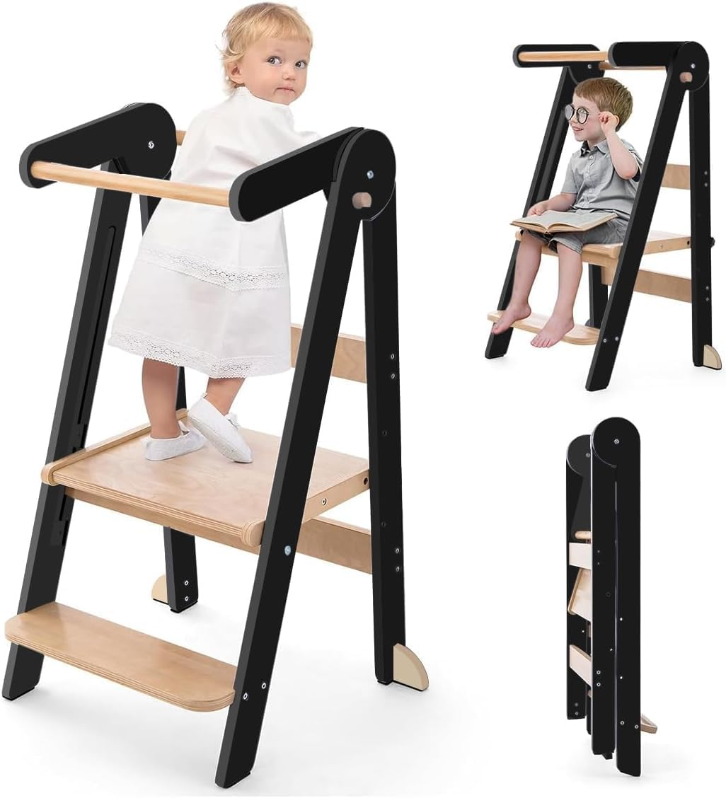 Forubar Learning Tower Toddler Tower, Foldable Learning Tower, Kids Step Stool with Adjustable Height, Kids Montessori Kitchen Bedroom Helper with Safety Rail (Grey)