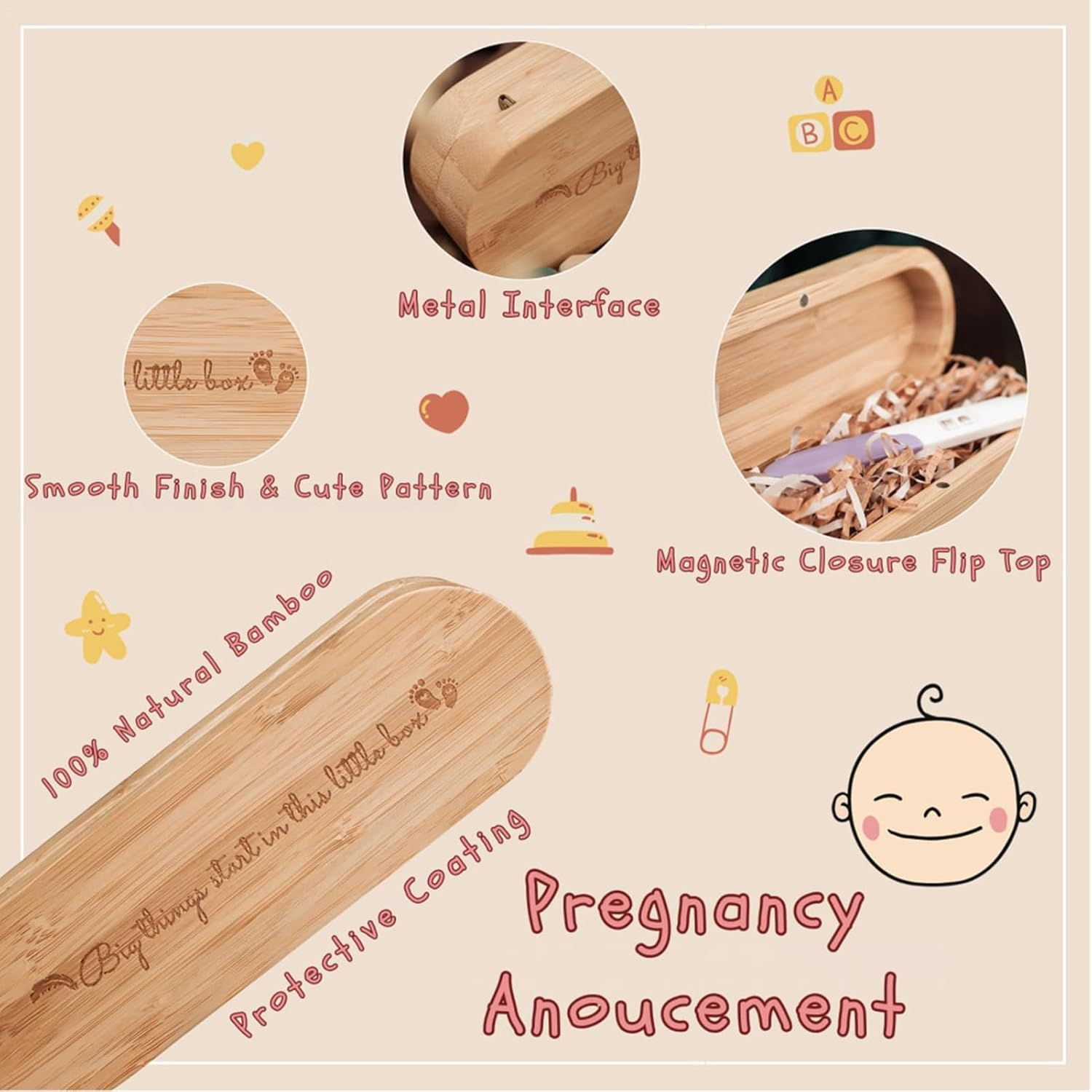 Pregnancy Test Wood Box, Wooden Keepsake Case with Raffia Filling, Souvenir Memory Holder for Announcement Reveal, Grandparents, Husband, Baby Expose Surprise 7.72X2.52X1.65 Inches image number 2