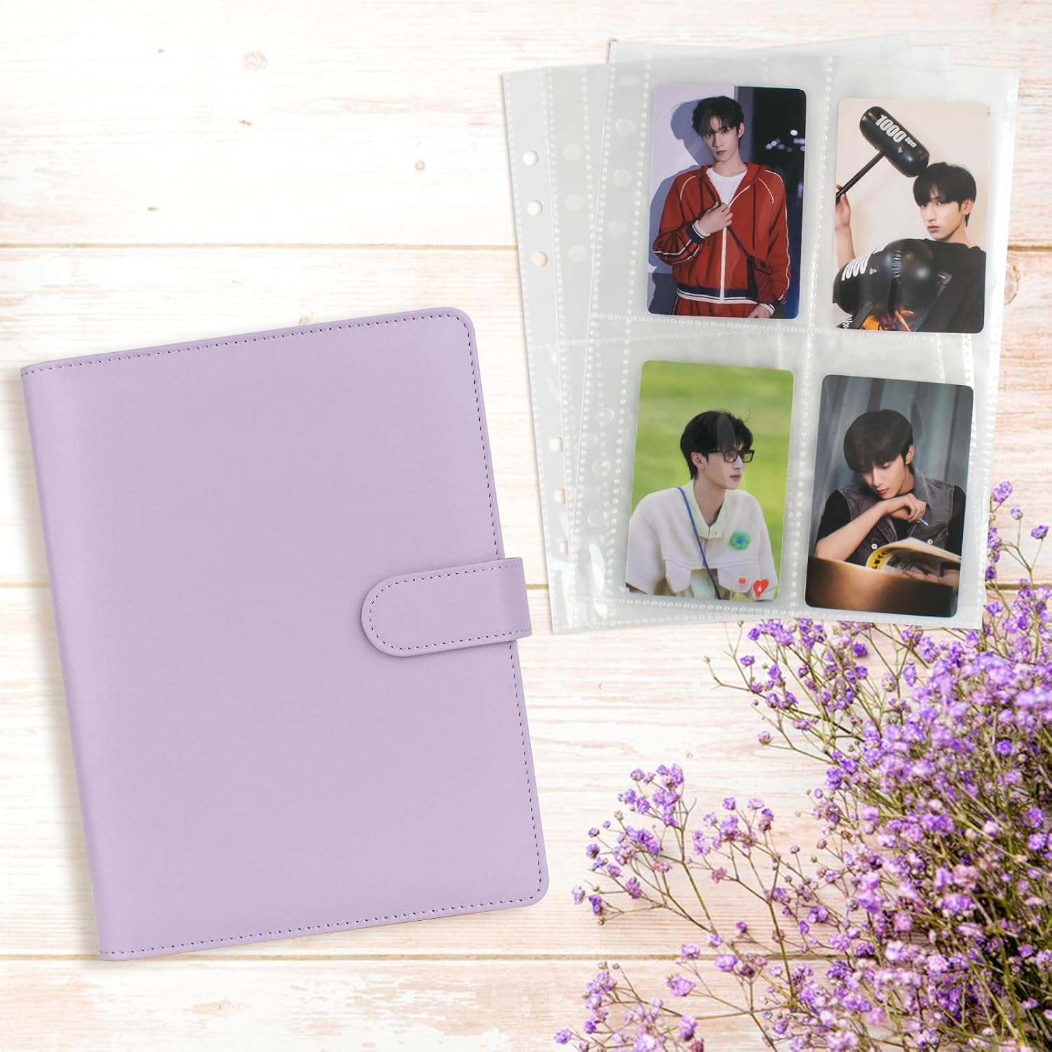A5 Kpop Photocard Binder Album with 200 Card Slots, PU Leather Cover with Magnetic Buckle Closure for Organizing Trading Cards (Purple) - Black image number 5