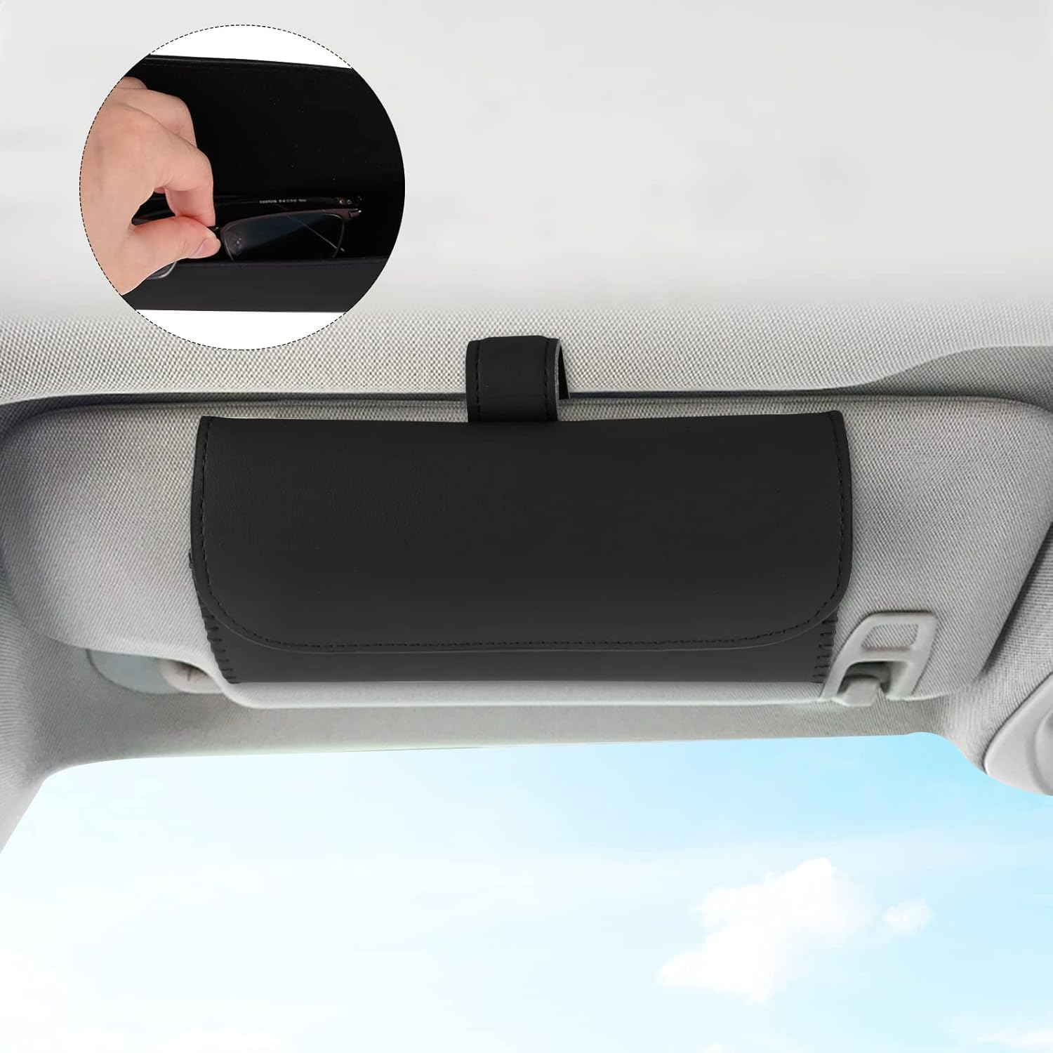 Car Glasses Case Glasses Holders Car Sun Visor Leather Sunglasses Case Holder Clip Sunglasses Holder for Car Sun Visor with Cleaning Cloths for Most Car Models Interior Accessories image number 2