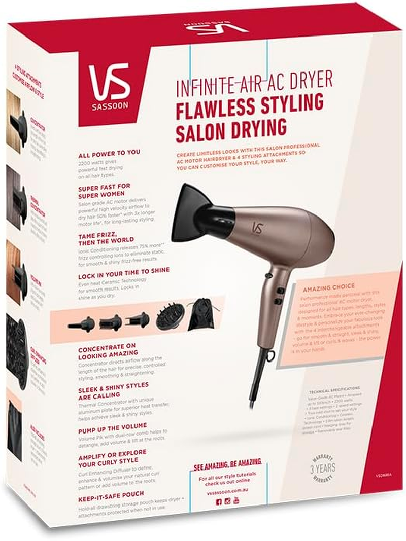 VS Sassoon Infinite Air AC Hair Dryer, 2200W Powerful Salon-Grade Motor, Ionic Conditioning, Ceramic Technology, 4 Styling Attachments + Storage Pouch image number 6