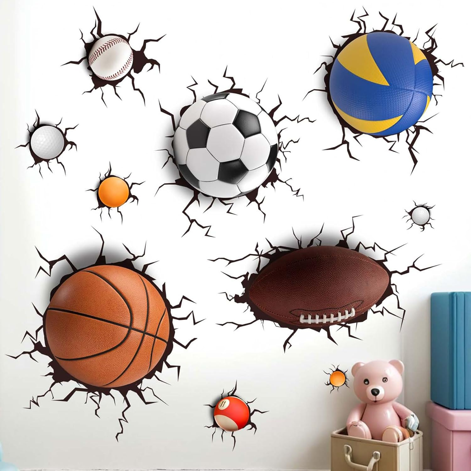 Amimagen Basketball Football through the Wall Sports Wall Decals - Kids Baby Boys Wall Stickers - Nursery Playroom Classroom Daycare Game Room Bedroom Home Wall Decor image number 2