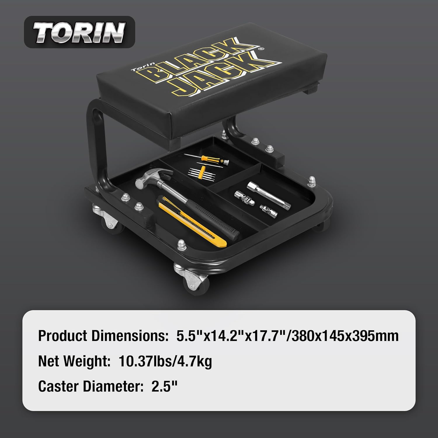 Torin TR6100W Blackjack Rolling Creeper Garage/Shop Seat: Padded Mechanic Stool with Tool Tray Storage, Black image number 5