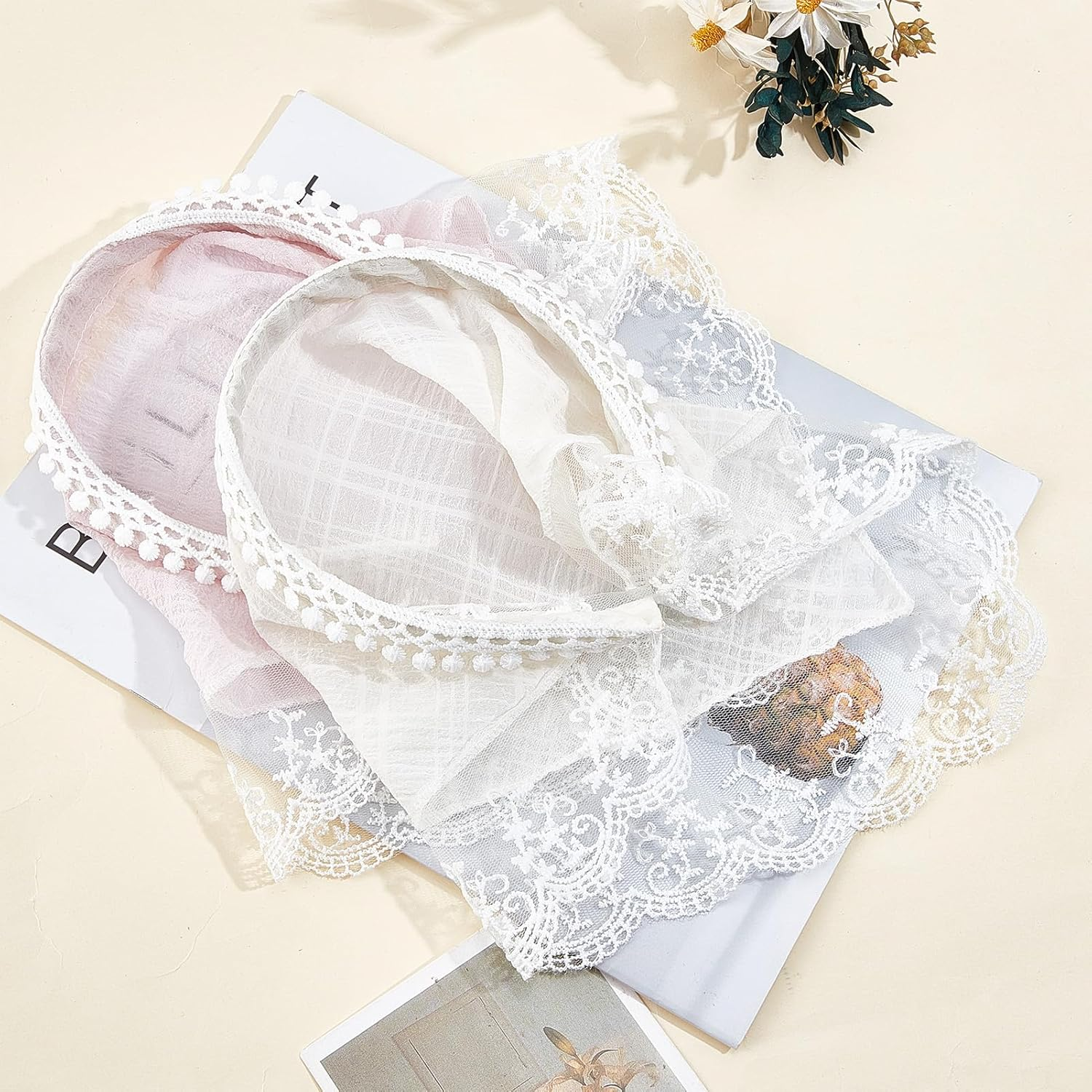 NICENEEDED 2 PCS Hair Scarf Headband, Beige Pink Triangle Lace Head Kerchief Boho Countryside Head Coverings, Non Slip Hairs Accessories for Women Taking Photo image number 2