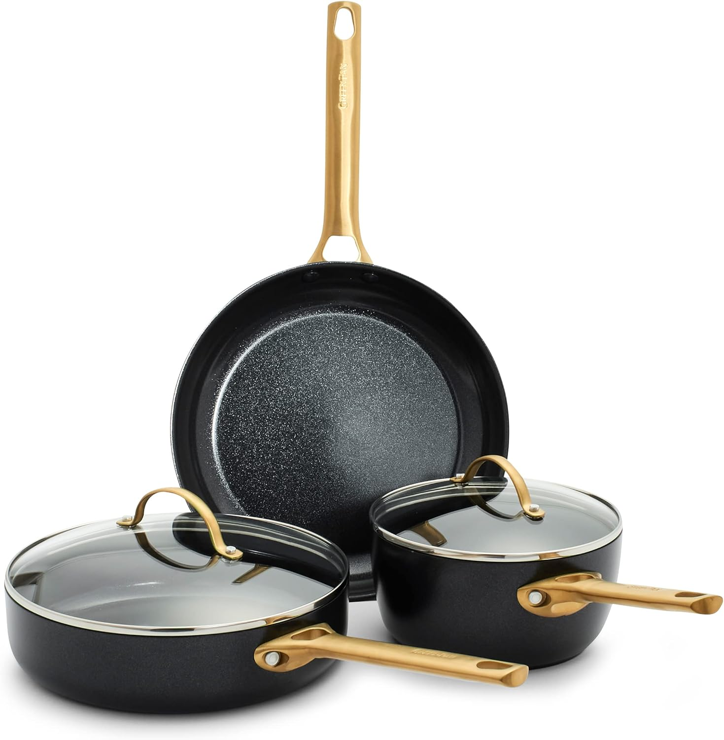 Greenpan Reserve Hard Anodized Healthy Ceramic Nonstick 5 Piece Cookware Pots and Pans Set, Gold Handle, Pfas-Free, Dishwasher Safe, Oven Safe, Black