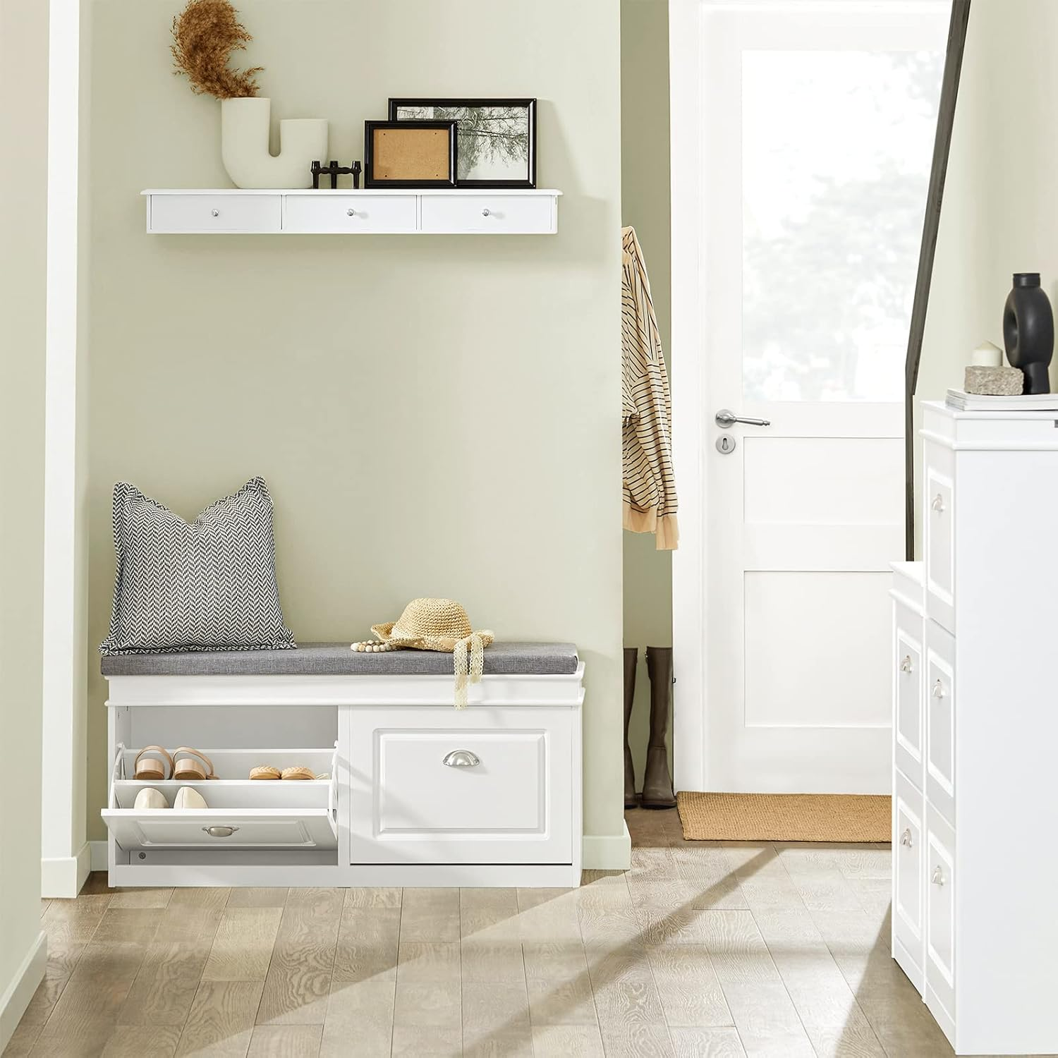 Sobuy Hallway Shoe Bench Storage Cabinet with Seat Cushion and 2 Flip-Drawers Narrow Shoe Rack Bench with Adjustable Shelves White W104 X D24 X H51Cm FSR64-W image number 6