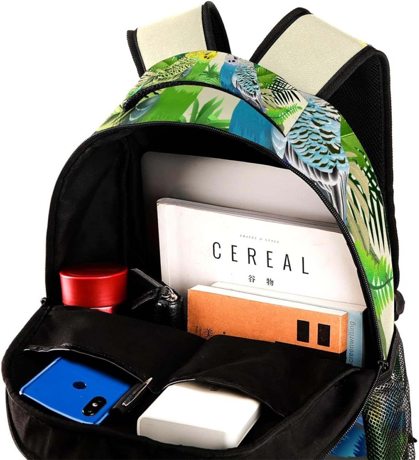 Green and Blue Budgie in Leaves Backpack Students Shoulder Bags Travel Bag College School Tote Backpacks image number 2