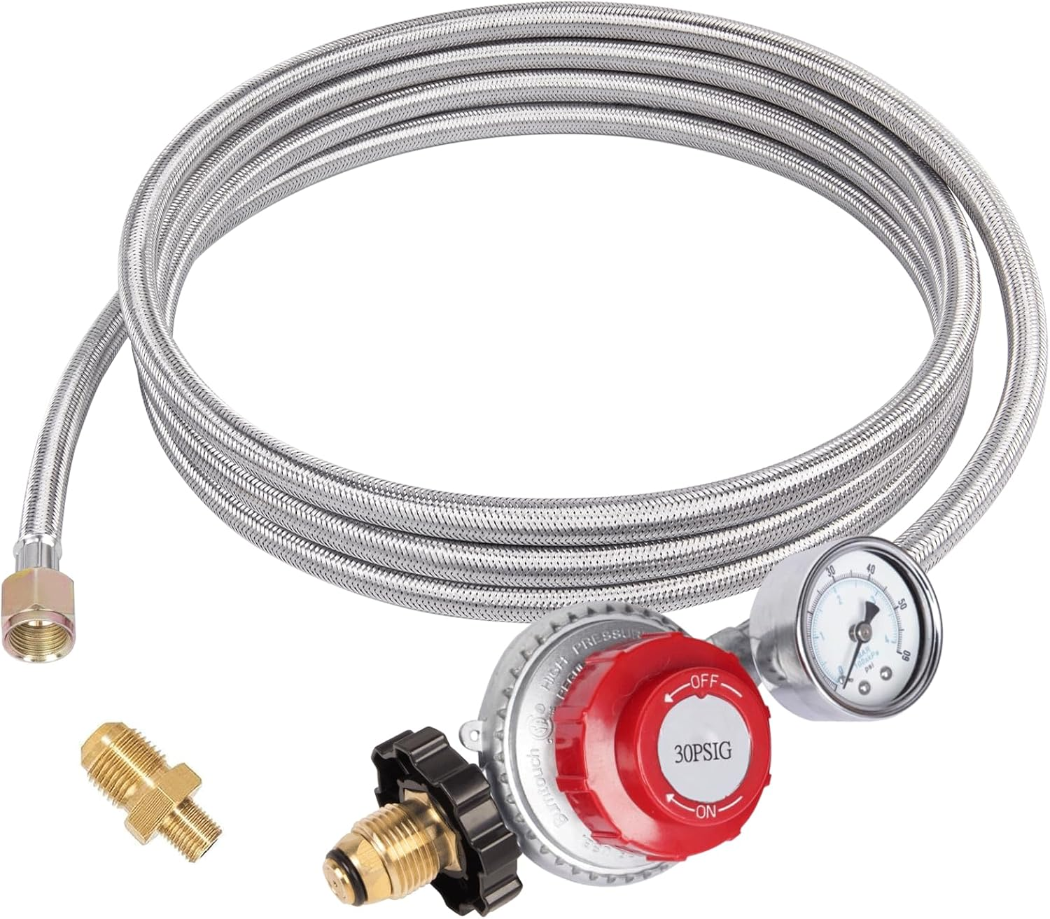 GASPRO 12 Foot 0-30 PSI High Pressure Adjustable Propane Regulator with Gauge/Indicator, Stainless Steel Braided Hose, Gas Grill LP Regulator for Burner, Turkey Fryer, Forge, Smoker and More. image number 5