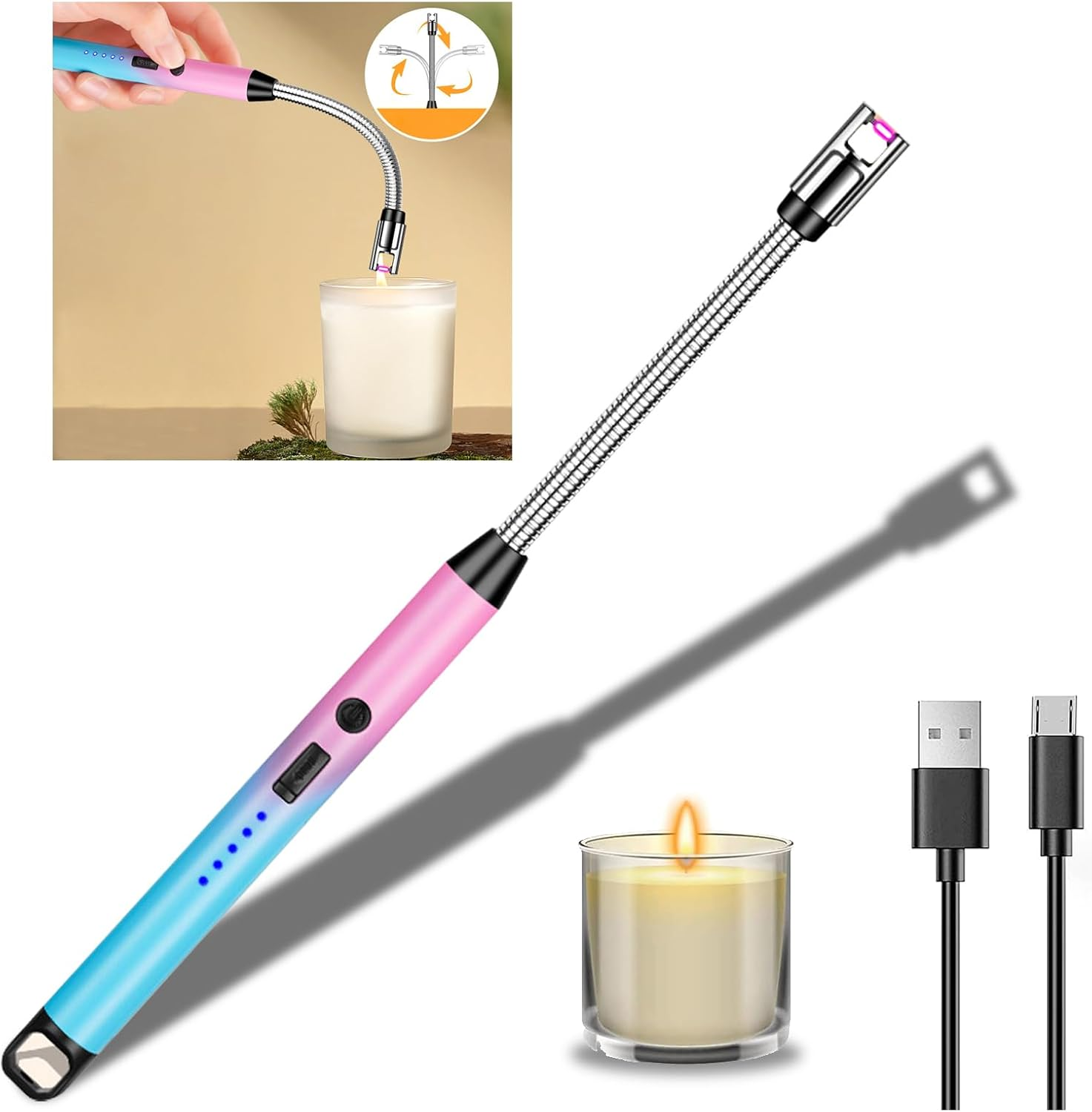 Electric Arc Lighter,Candle Lighter USB Rechargeable with 360&deg; Rotating Flexible Neck Flameless Windproof Lighters for Home Kitchen Cooking Outdoor BBQ Camping Stove (Pink Blue Gradient Color) image number 2