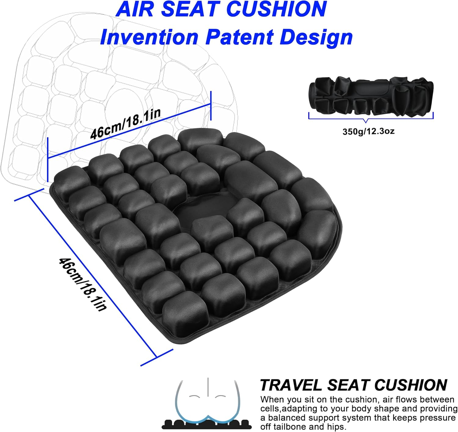 Portable Travel Cushion, 3D Air Cell Seat Cushion, Inflatable Seat Cushions, for Pressure Relief, Comfortable Travel for Airplane, Wheelchair, Car Set, Office Chair, Floor (B) image number 1