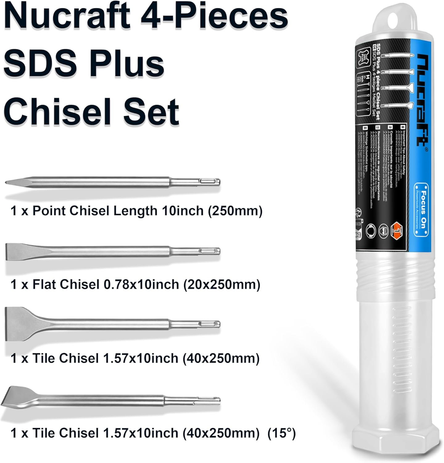 Nucraft SDS plus Chisel Set, 4 Piece Steel Tool Set (Wide, Flat, Pointed) Tile Chisels, Suitable for Masonry, Bricks, Walls, Granite, Concrete Rotary Hammer Chisels image number 4