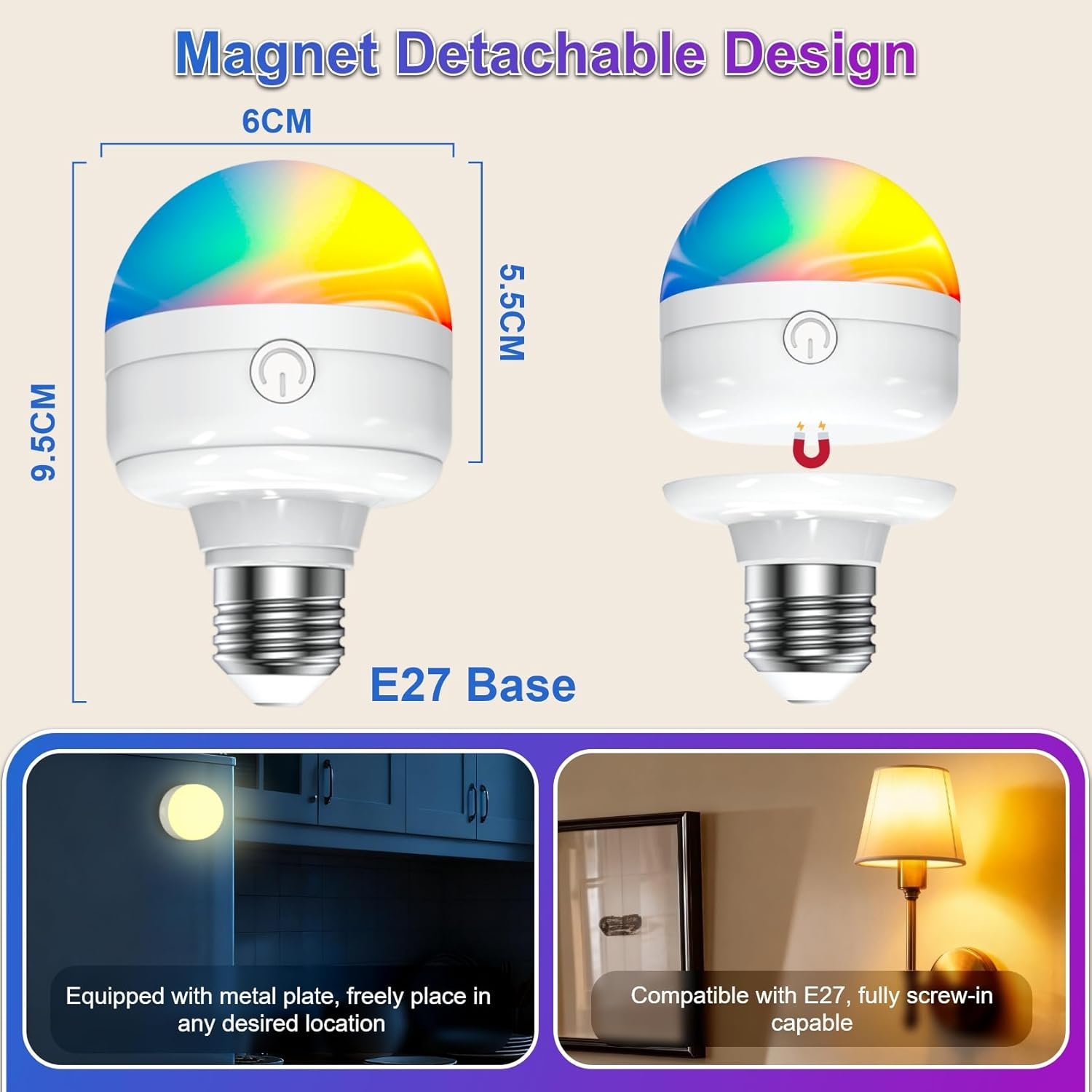 LUTW USB Rechargeable Light Bulb E27, 7W Smart RGB Colour Changing Light Bulb with Remote Control, 12RGB 3 Color Temperature, Dimmable and Detachable Battery Light Bulbs for Lamps, 2 Pack image number 6