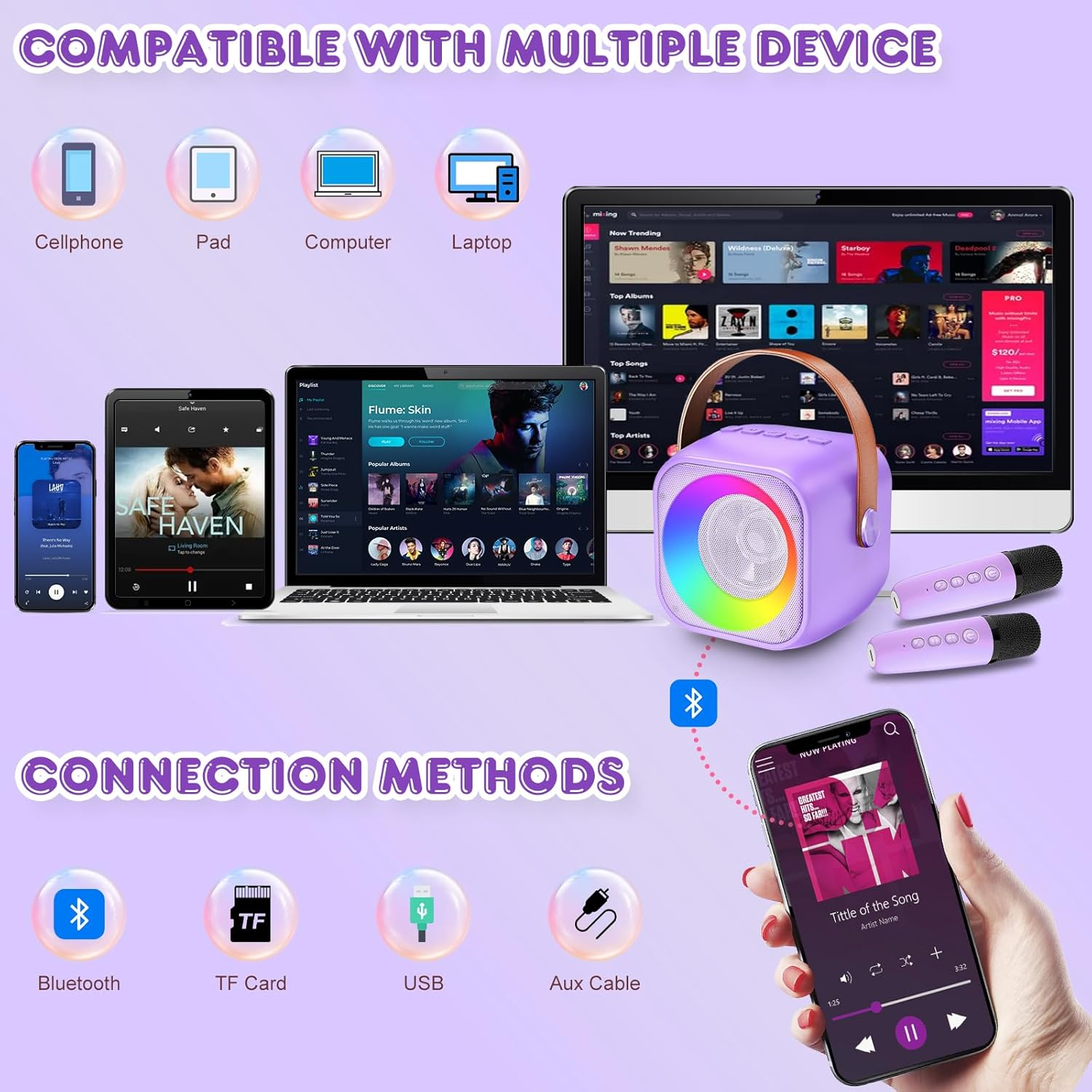 Karaoke Machine Kids for Adults Kids Portable Bluetooth Speaker with 2 Wireless Microphones and Player for 3-12 Years Old Boys Girls Birthday Family Party Gift Toys (Purple) image number 1