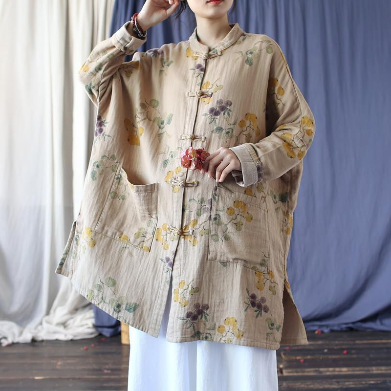 Vintage Ethnic Style Stand-Collar Frog-Button Long-Sleeve Womens Linen Blend Outer Top Beige