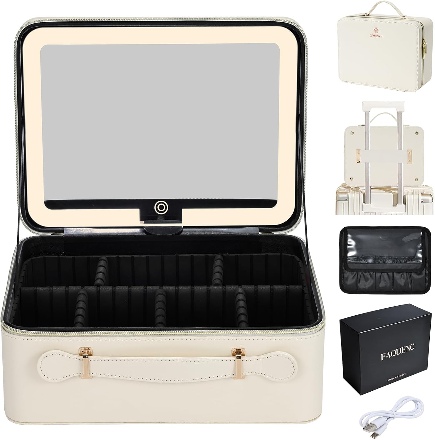 Large Makeup Case with LED Mirror Vanity Case Removable Light up Mirror PU Leather Portable Makeup Artist Carry Vanity Box with Dividers Makeup Brush Holder, White, Minimalist image number 6