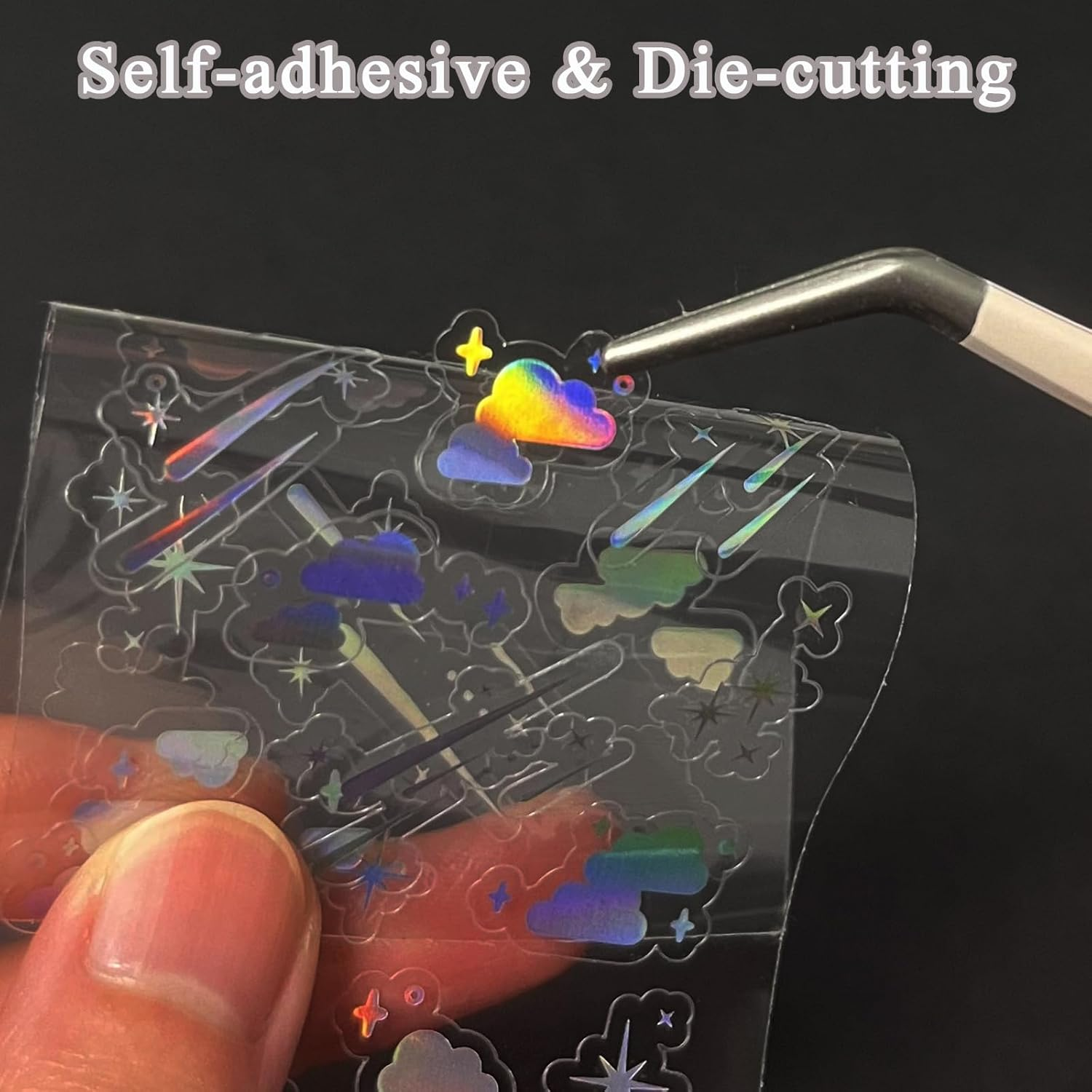 Holographic Kpop Deco Stickers, 24 Sheets Korean Self Adhesive Clear Glitter Star Moon Butterfly Bubbles Decals for Album Photocards Scrapbook Journal Planner DIY Decoration image number 4