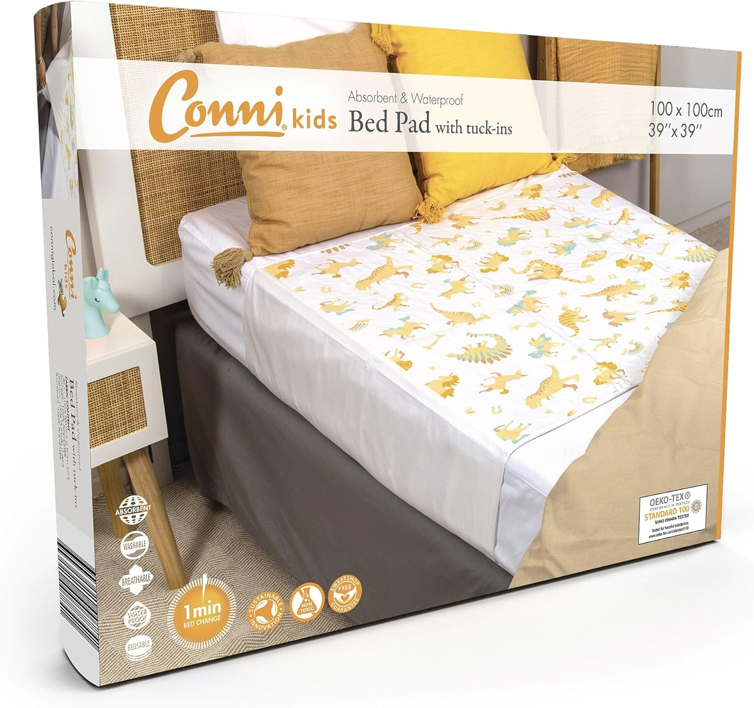 Conni Kids Reusable Bed Pad with Tuck-Ins, Waterproof, Absorbent and Washable Protector Pad for Toilet Training and Youth Incontinence, Aussie Animals Print, 100 X 100 Cm image number 1