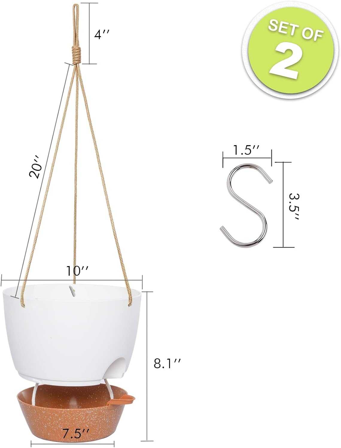 Swinduck 10 Inch Self Watering Hanging Pots, 2 Pack Hanging Planters with 40Oz Deep Reservior for Indoor Outdoor Plants Flowers, White with Brown image number 2