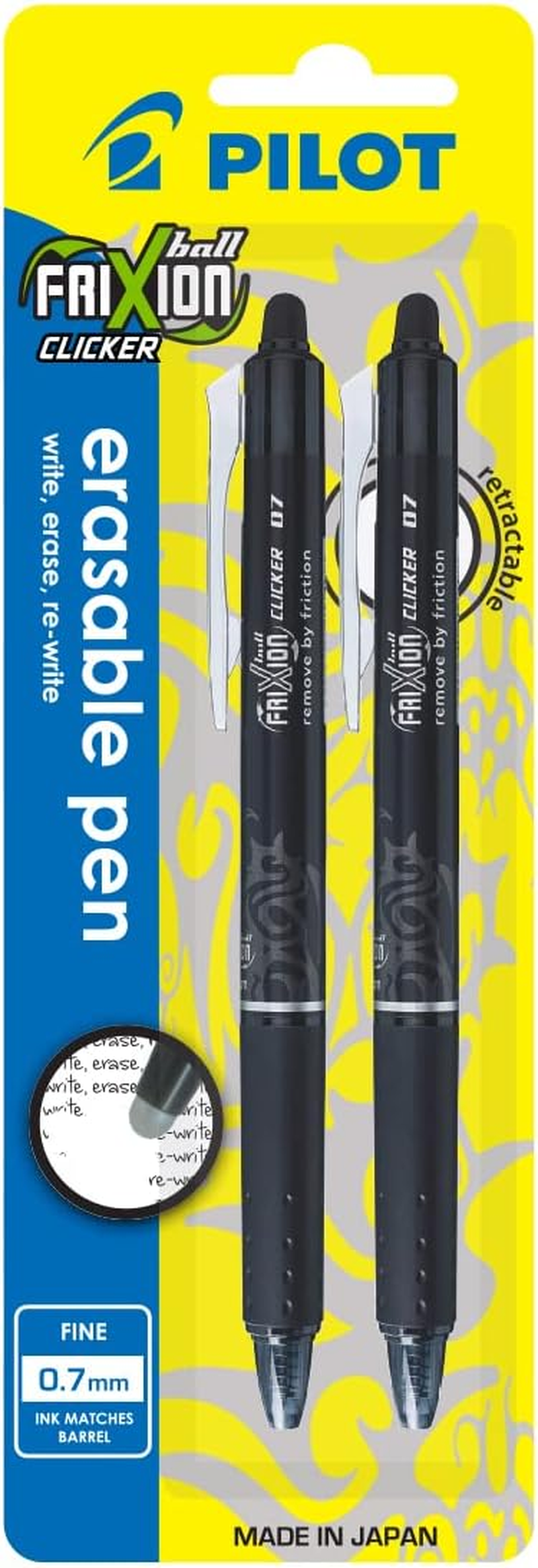 Pilot Frixion Clicker Erasable Retractable Gel Pen, Fine Tip (0.7Mm) - Pack of 2 Gel Pens - Blue