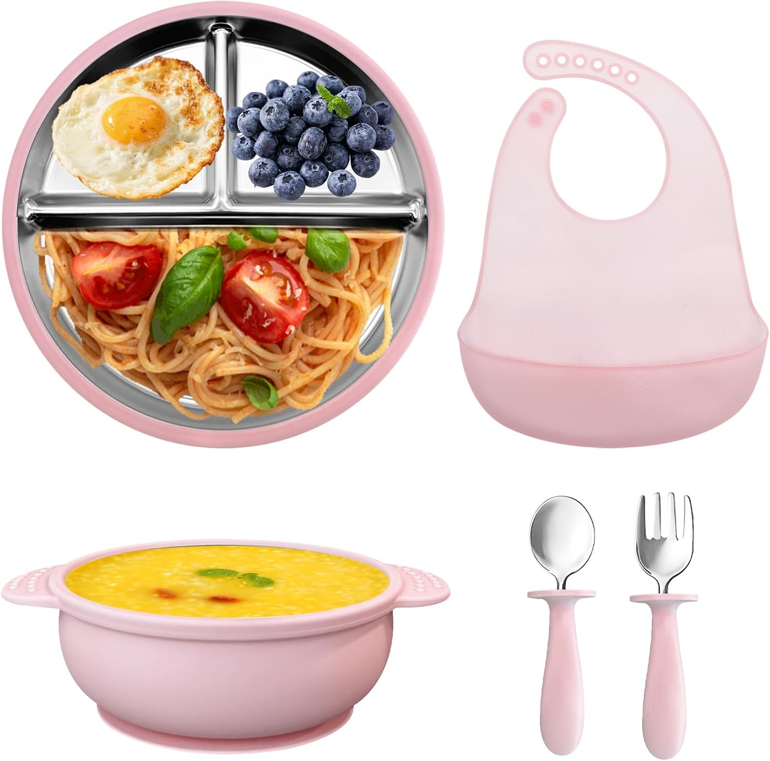 Baby Feeding Bowl Set with Spoons, Pink Divided Plate and Soup Bowl, 4 Piece