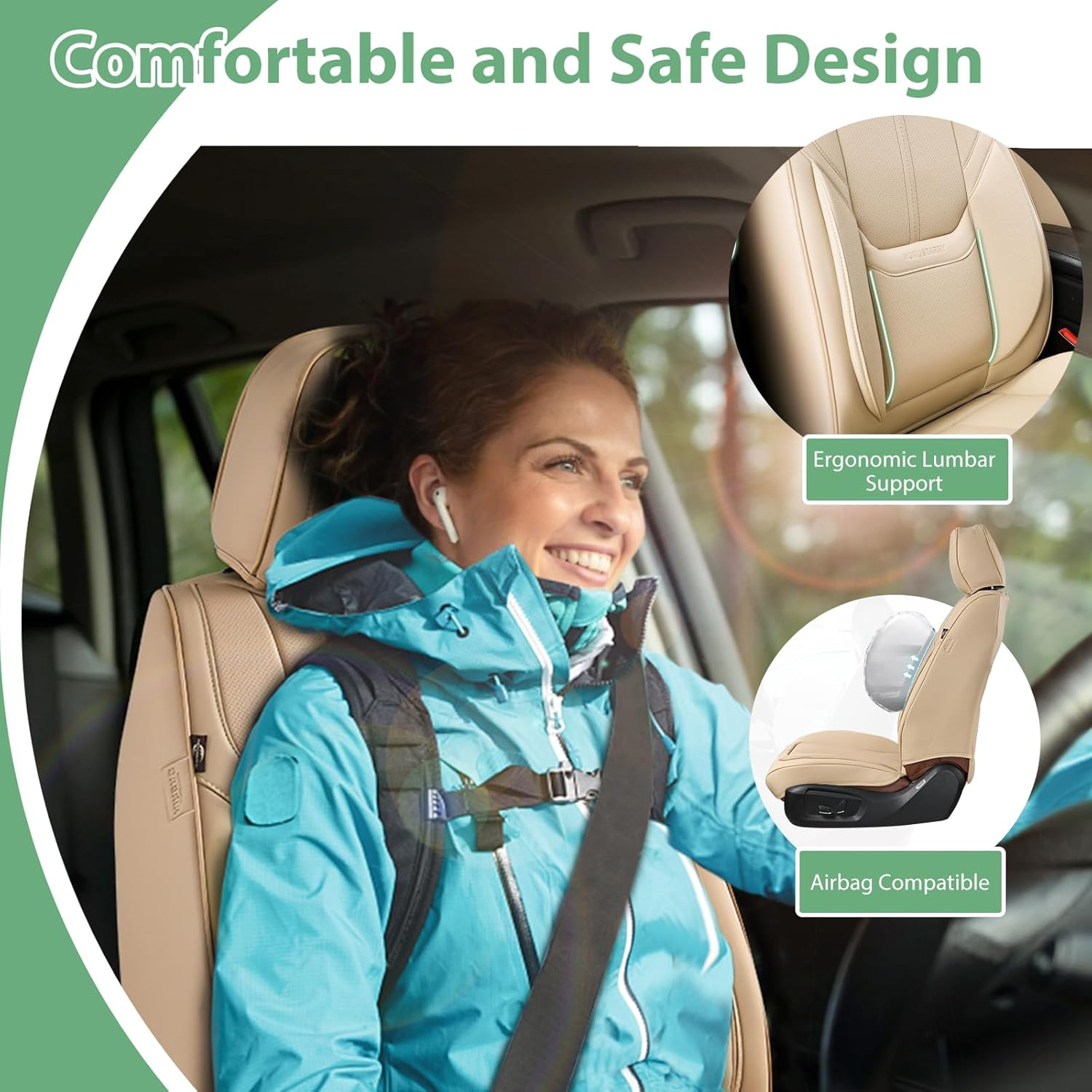 HOMOSTARRY Car Seat Covers, Nappa Leather Car Seat Covers, Waterproof Automotive Seat Covers with Airbag Compatible, Universal Car Seat Protector Fit for Most SUV Sedans Trucks (Beige, Full)