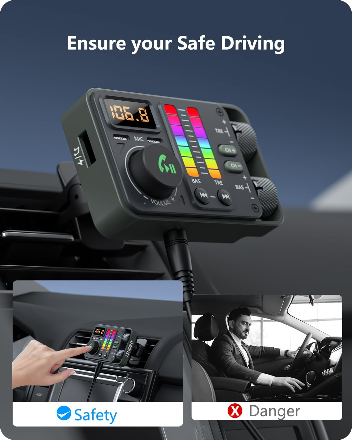 LENCENT Bluetooth 5.3 Car FM Transmitter, Hi-Fi Treble & Bass Music Player, PD20W QC18W Fast Car Charger, Radio Bluetooth Car Adapter with Dual Mics for Hands-Free Call, Siri, U Disk/3.5Mm AUX image number 2