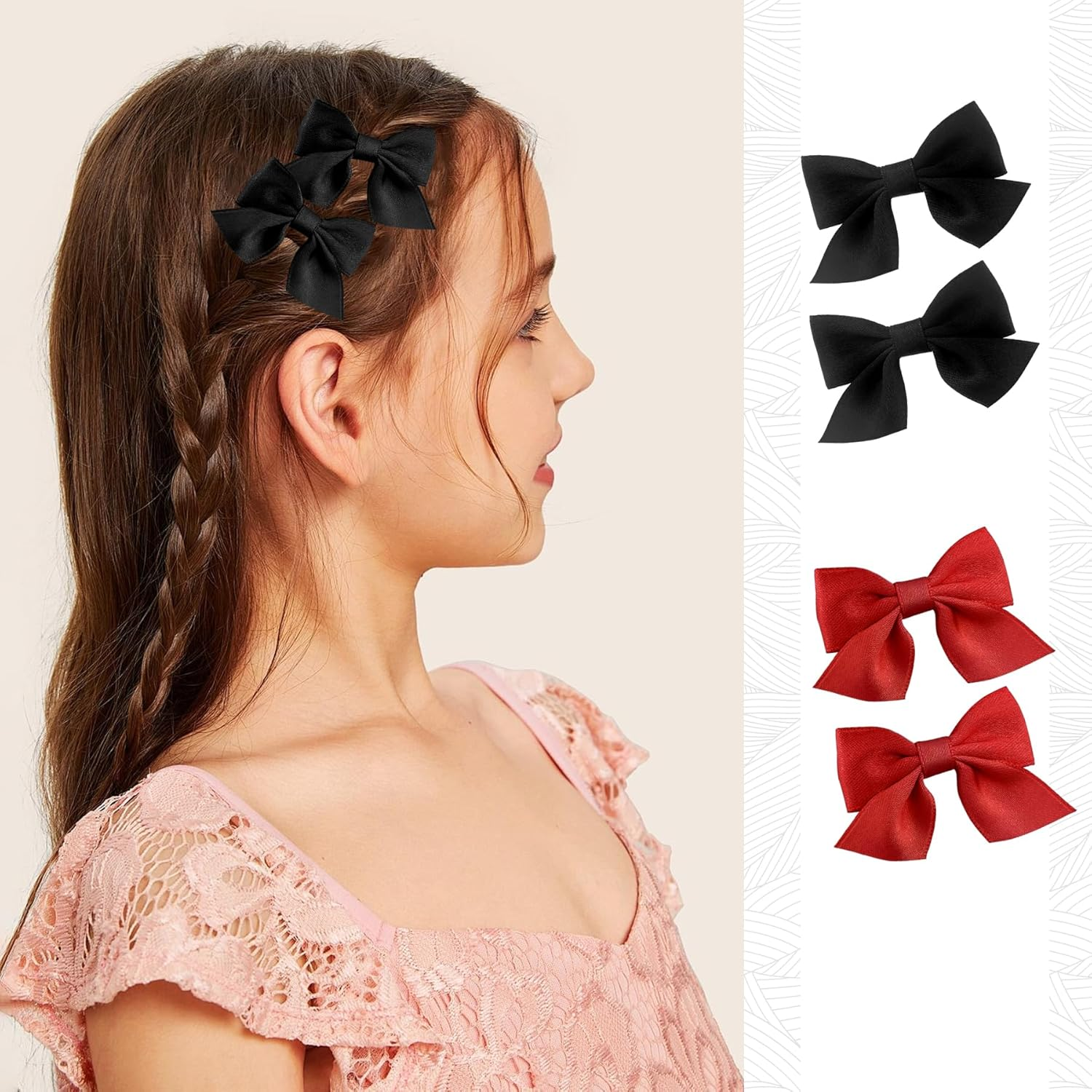 EKIND Girls' Bow Hair Clips Solid, Cute Crocodile Clip Set for Little Girls, Perfect for Daily Wear and Parties (2 Pcs, Black) - Red image number 2