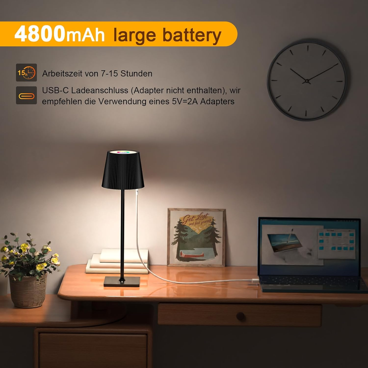 TRUMPETS LED Table Lamp Wireless Touch Dimmable RGB & 3 Colour Temperature 4800 Mah Bedside Lamp Battery Table Lamp Rechargeable Metal Material for Outdoor Bedside Table Dining Table Desk image number 6