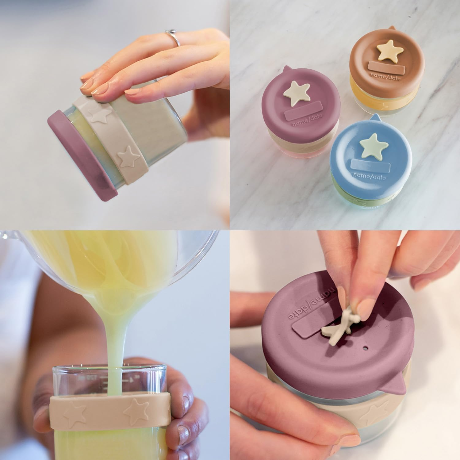 Cherub Baby Durable Non-Toxic BPA Free, Leak-Proof, Microwave, Oven, Freezer Safe Silicone & Glass Baby Food Storage Container Jar with Airtight Lid Pack of 2 180Ml - Dusty Rose/Sand - Cerulean  Sage image number 2