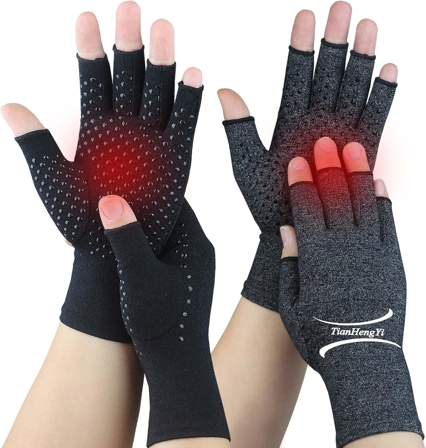 2 Pairs Arthritis Gloves for Women Men, Fingerless Compression Gloves for Hand Pain, Carpal Tunnel, Non Slip Dots