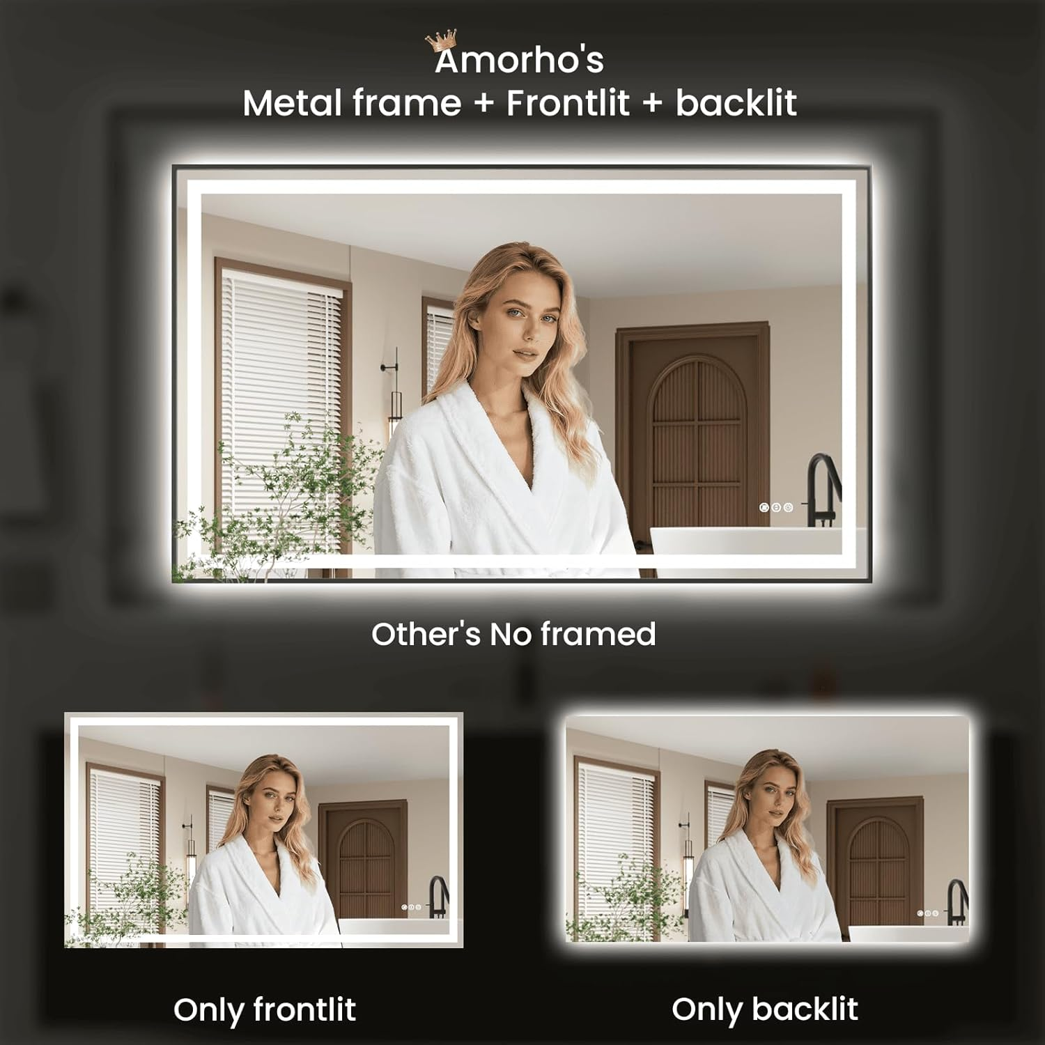 Amorho LED Bathroom Mirror 139X90 CM with Black Frame, Front Light and Backlit, Stepless Dimmable, Anti-Fog, Shatter-Proof, Memory, 3 Color Lighting, LED Wall-Mounted Mirror(Horizontal/Vertical) image number 3