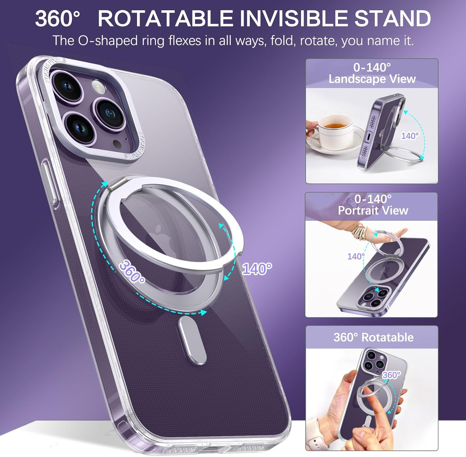 BENTOBEN Iphone 14 Pro Max Case, Magnetic Transparent Phone Case with Ring Holder, [Compatible with Magsafe] 360&deg; Rotatable Stand Flat Full Protection Slim Cases for Iphone 14 Pro Max 6.7 Inch, Clear image number 6